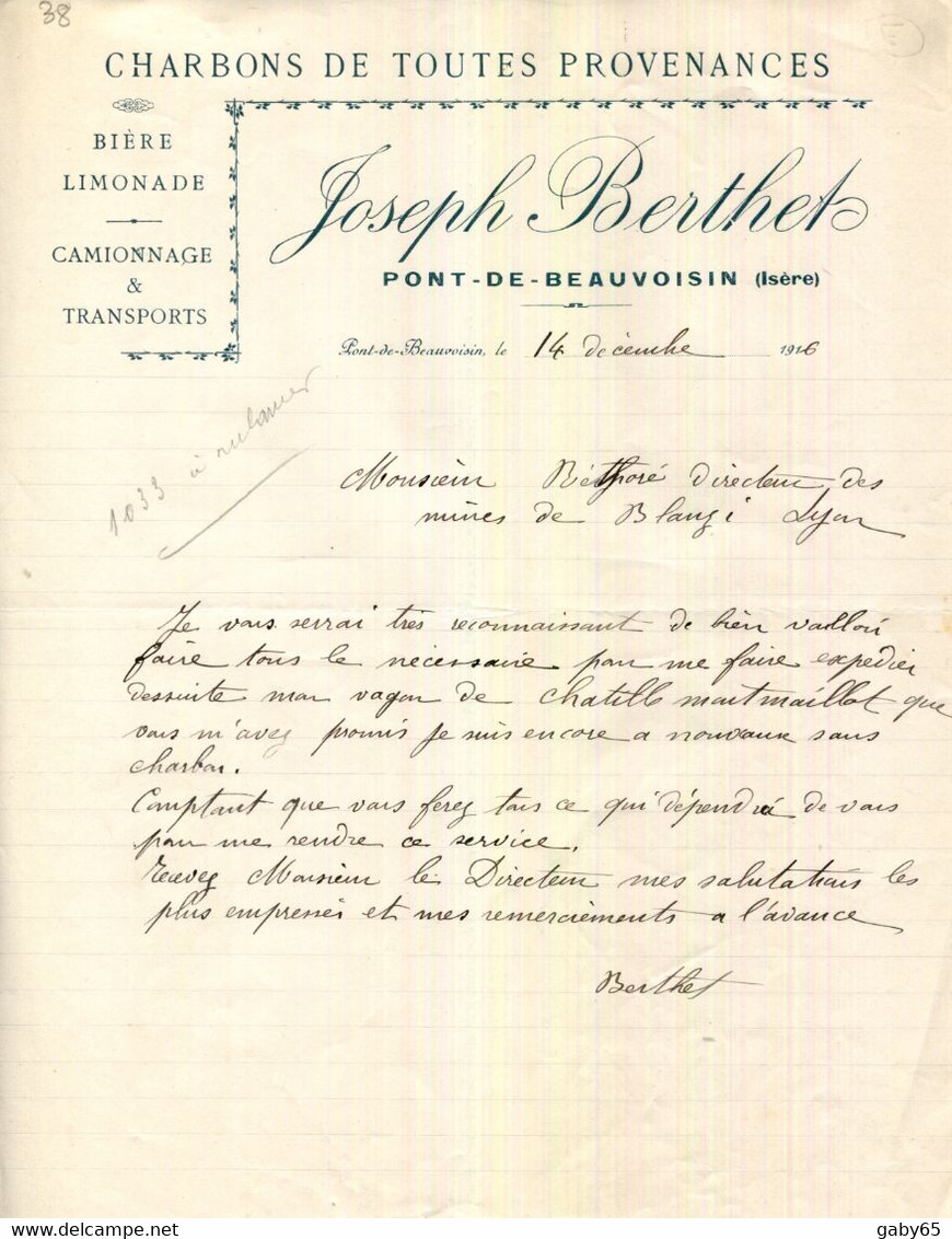 FACTURE.38.ISERE.PONT DE BEAUVOISIN.CHARBONS.BIERE.LIMONADE.CAMIONNAGE & TRANSPORT.JOSEPH BERTHET. - Transports