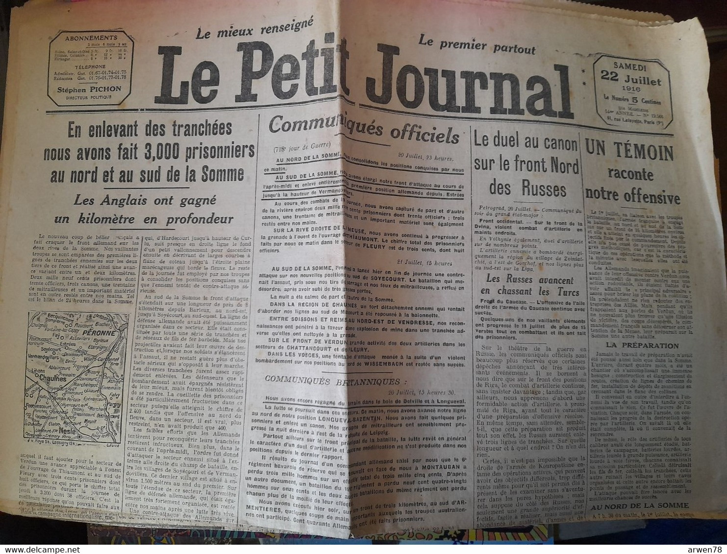 WWI Quotidien Le Petit Journal 22 Juillet 1916 3000 Prisonniers Dans La Somme Duel Au Canon Sur Le Front Russes - Le Petit Parisien