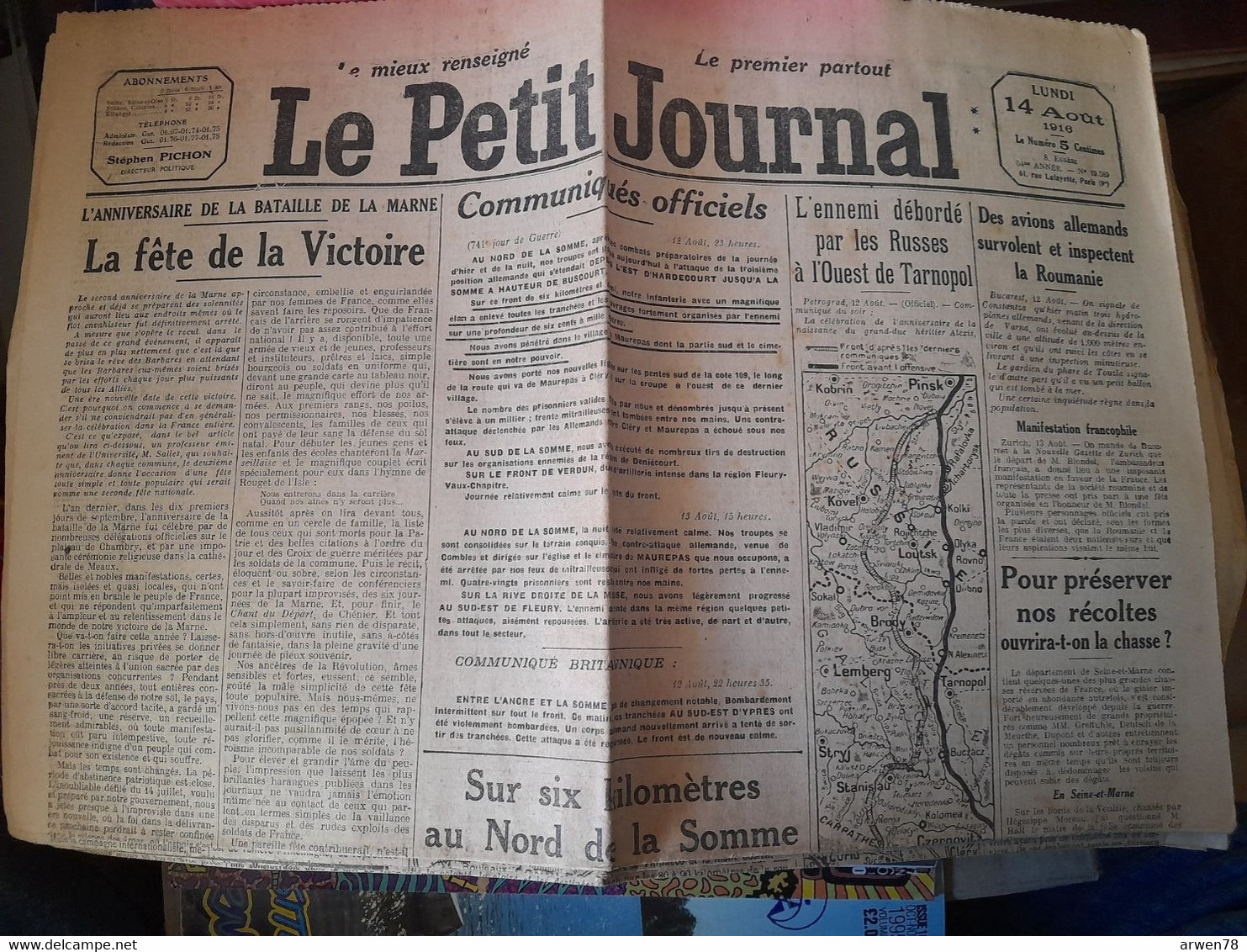 WWI Quotidien Le Petit Journal 14 Aout 1916 Bataille De La Marne La Fete De La Victoire - Le Petit Parisien