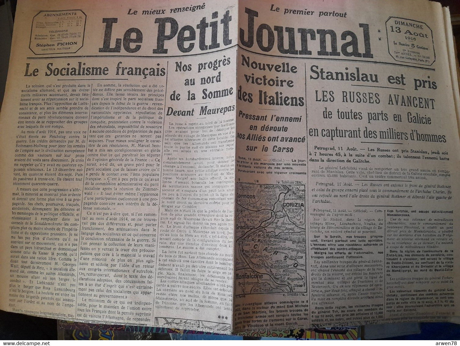 WWI Quotidien Le Petit Journal 13 Aout 1916 Nouvelle Victoire Des Italiens Stanislau Est Pris Les Russes Avancent - Le Petit Parisien