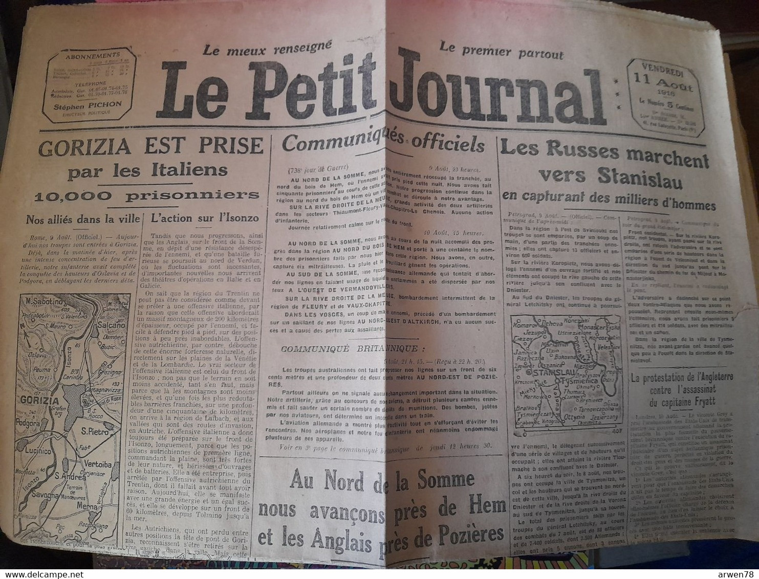 WWI Quotidien Le Petit Journal 11 Aout 1916 Gorizia Est Prise Par Les Italiens Débat Sur L'ouverture De La Chasse - Le Petit Parisien