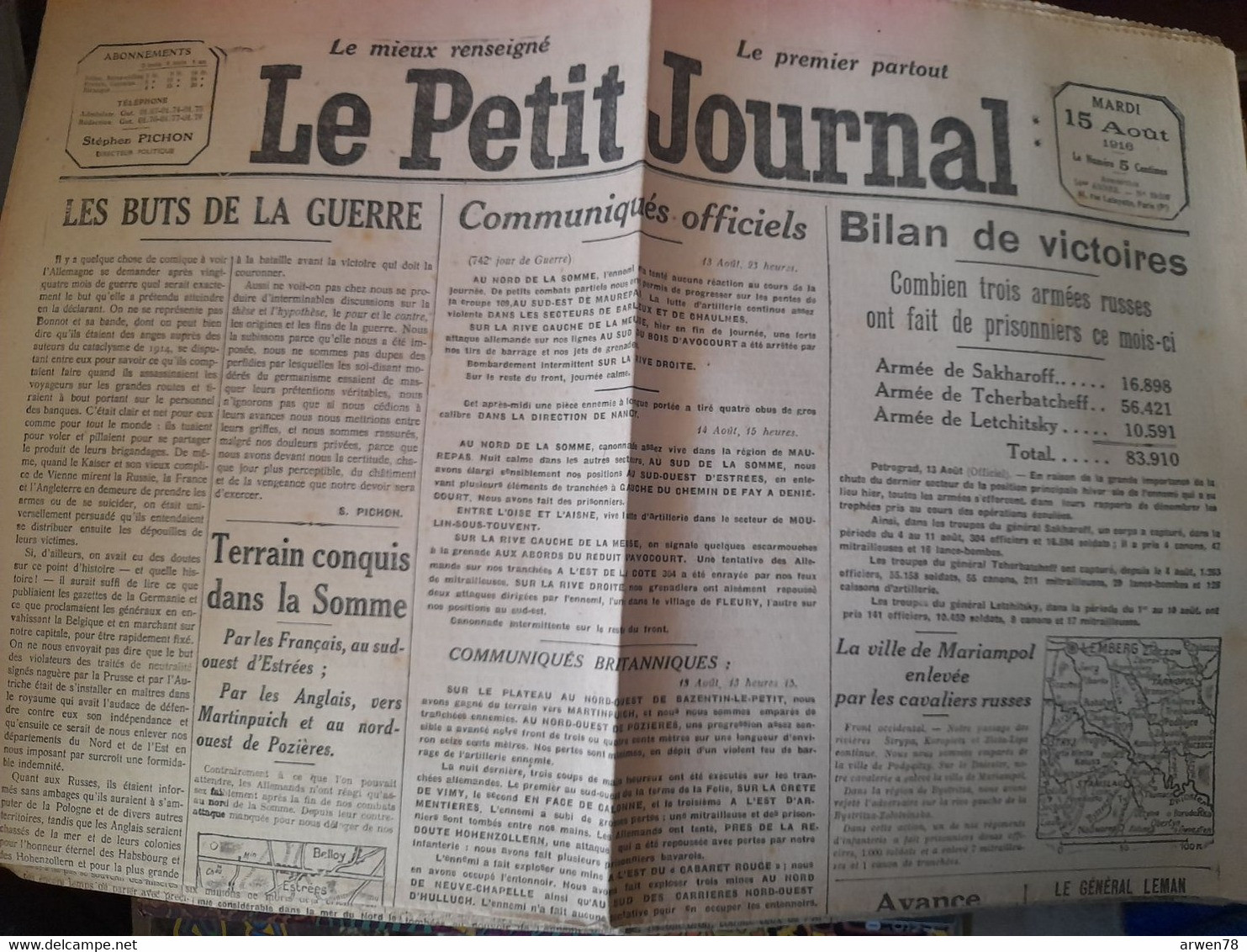 WWI Quotidien Le Petit Journal 15 Aout 1916 Bilan De Victoires Les Buts De La Guerre - Le Petit Parisien