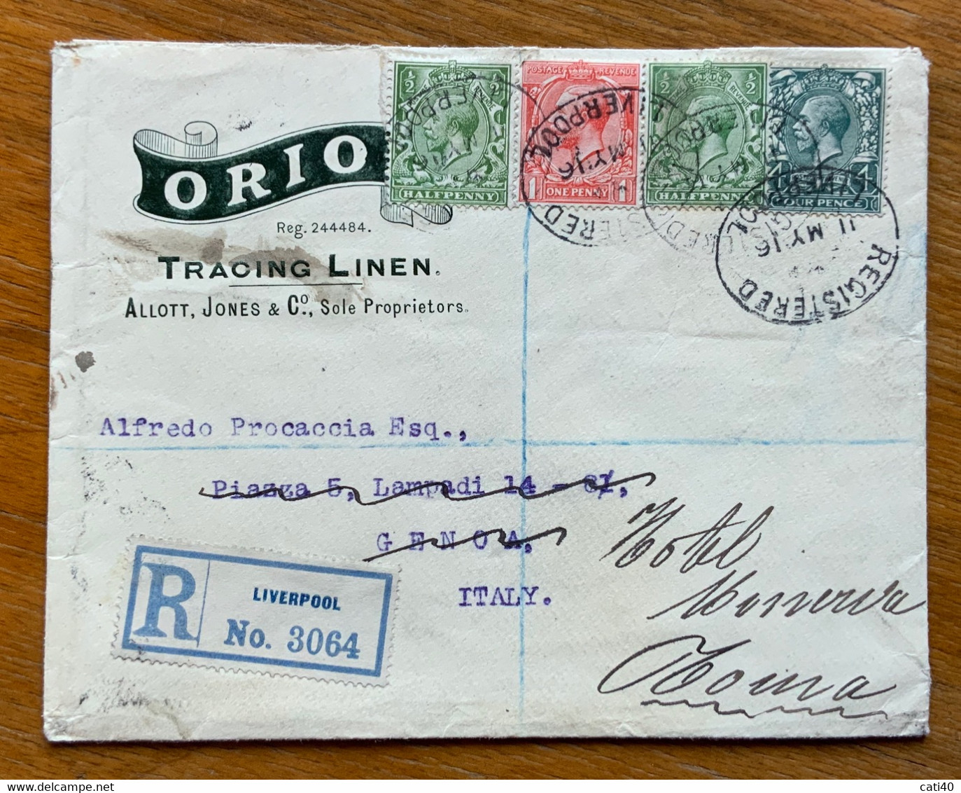 GRAN BRETAGNA -ENVELOPE  ADVERTISING ORIO TRACING LINEN-REGISRED FROM  LIVERPOOL 11 MY 16  TO GENOVA 1/2+4+1 P - Storia Postale