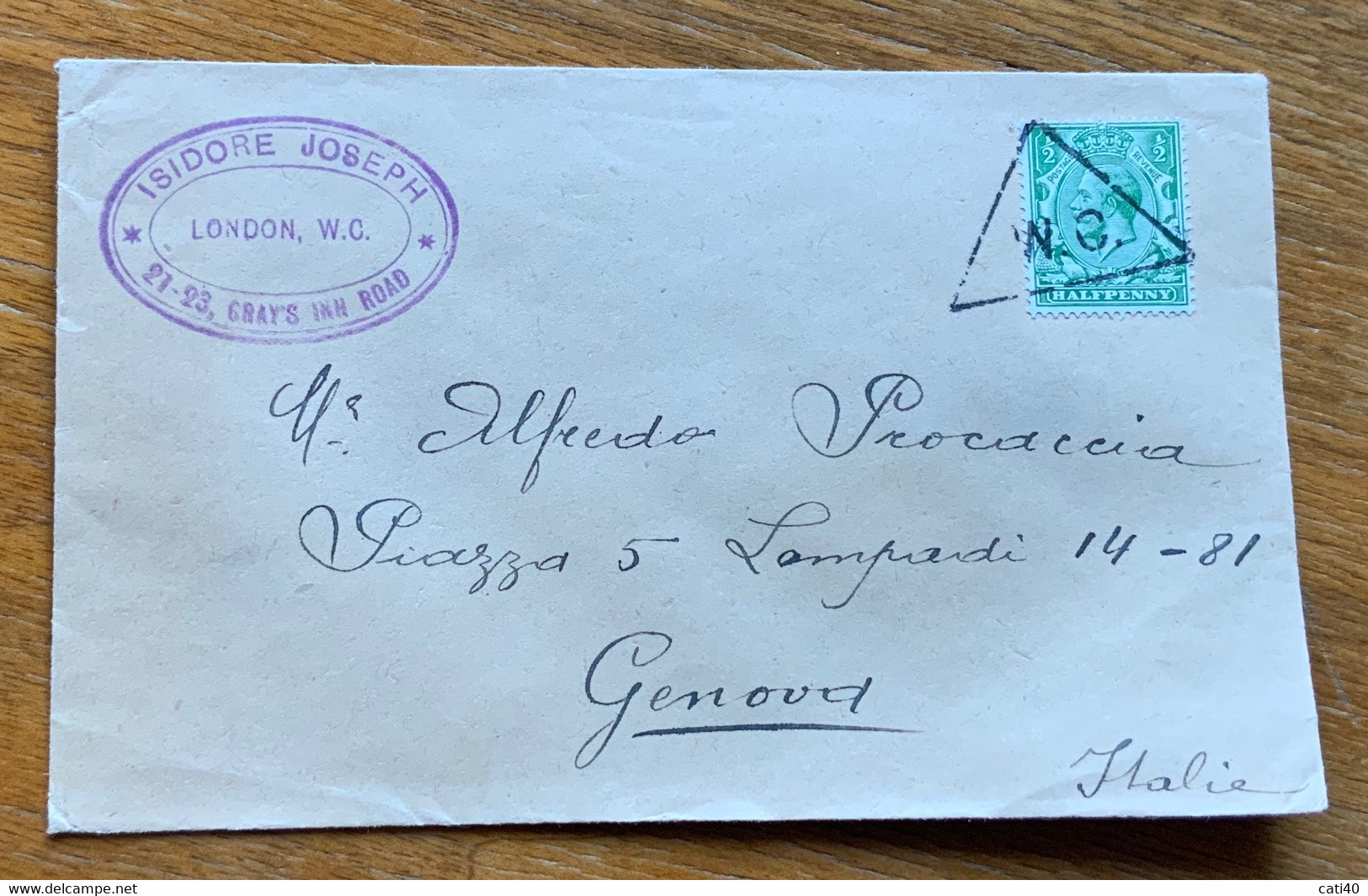 GRAN BRETAGNA -ENVELOPE  ADVERTISING ISIDORE JOSEPH FROM LONDON With Half Penny ANNULLO TRIANGOLO W.C. TO GENOVA - Storia Postale