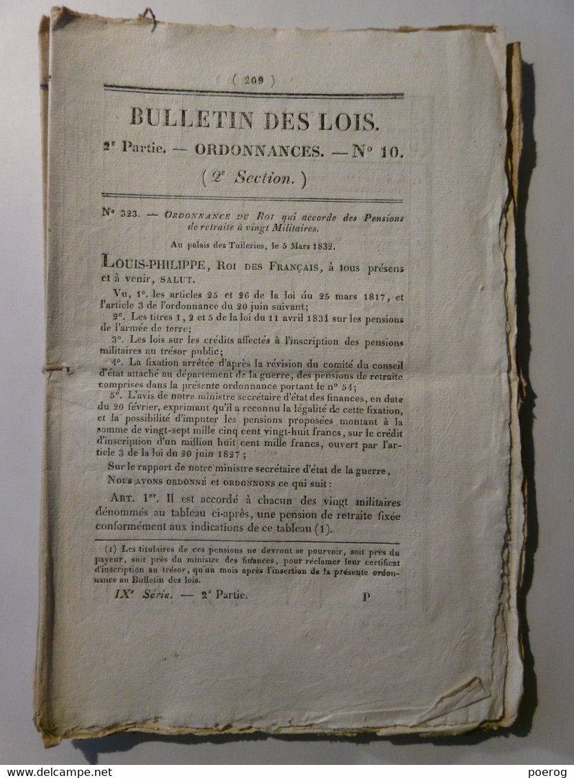 BULLETIN DE LOIS Du 12 AVRIL 1832 - PENSIONS MILITAIRE JUILLET - BOIS ET FORETS CENSEAU MONGINS SIAM CARSPACH HAUTECHAUX - Decretos & Leyes