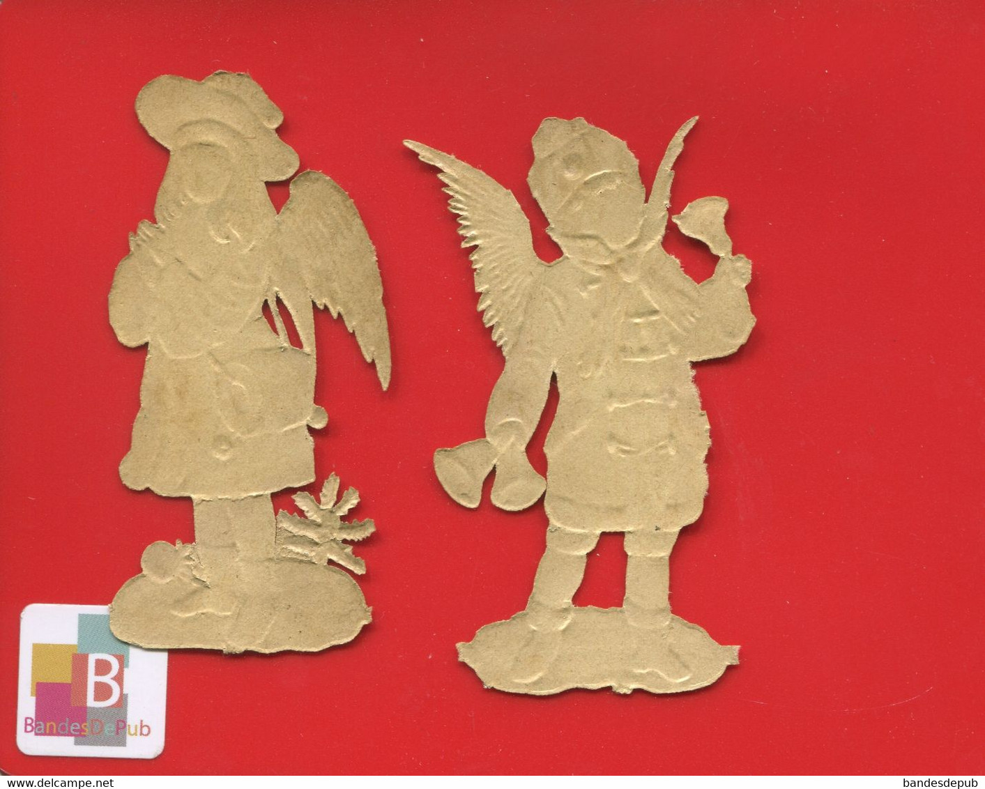 Deux Jolis Chromos Decoupis Paillettes Ange NOEL Sapin Clochettes  8,5 Cm Hauteur - Motiv 'Weihnachten'