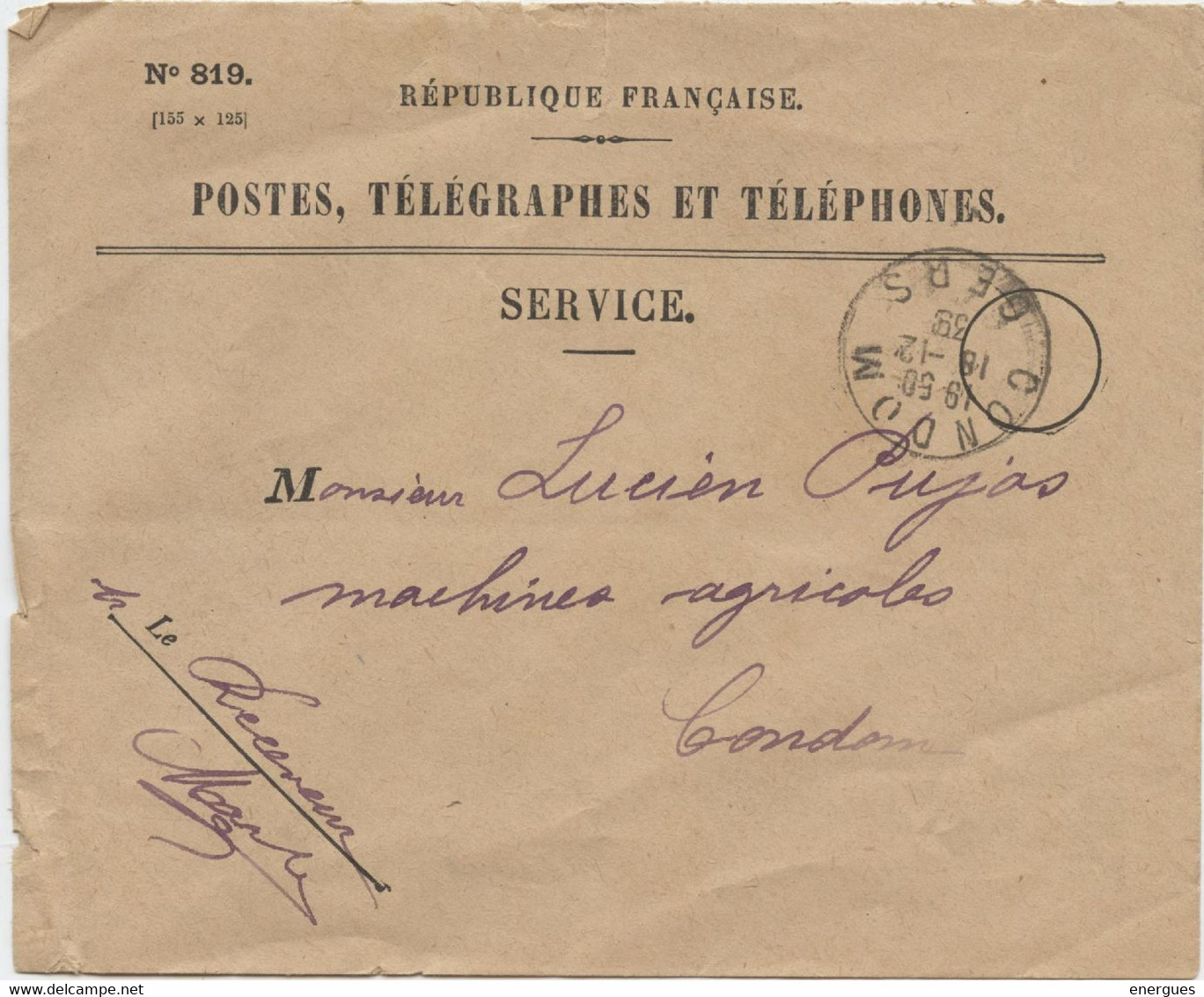 Gers, Condom, Service, N°819, Franchise, 1939, Signature Du Receveur, Lettre à M.Pujas, Machines Agricoles Condom, - Dienstzegels