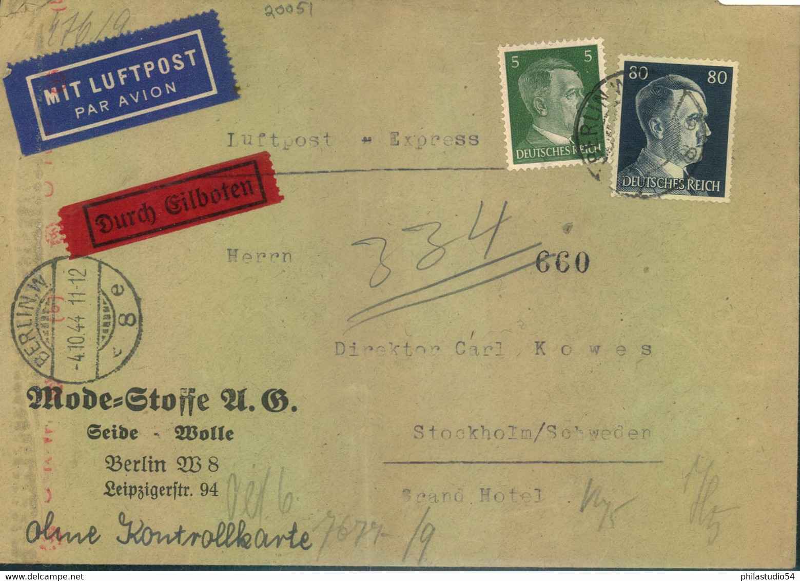 1944, Eilbrief Per Luftpost Von Berlin 8 Per Luftpost Nach Stockholm. Seltene 85 Rpf. Frankatur - Other & Unclassified