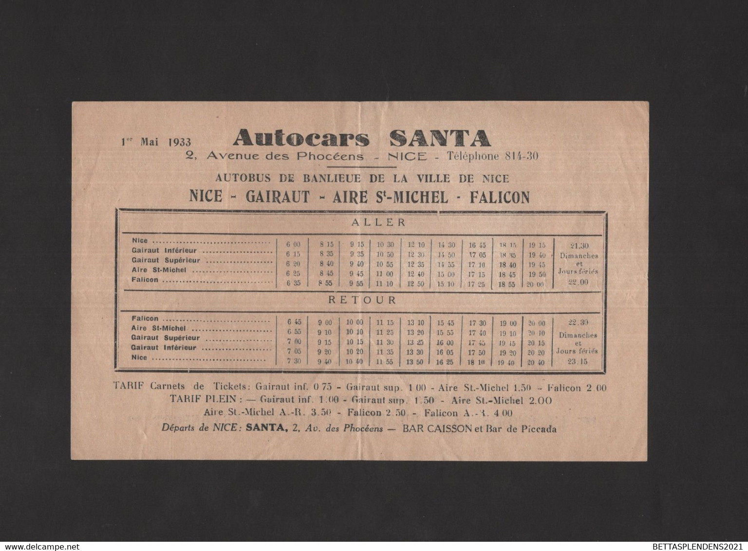 NICE - Horaires 01 Mai1933 - Autocars SANTA - Autobus Banlieue De La Ville - Nice, Gairaut, Aire St Michel, Falicon - Europa