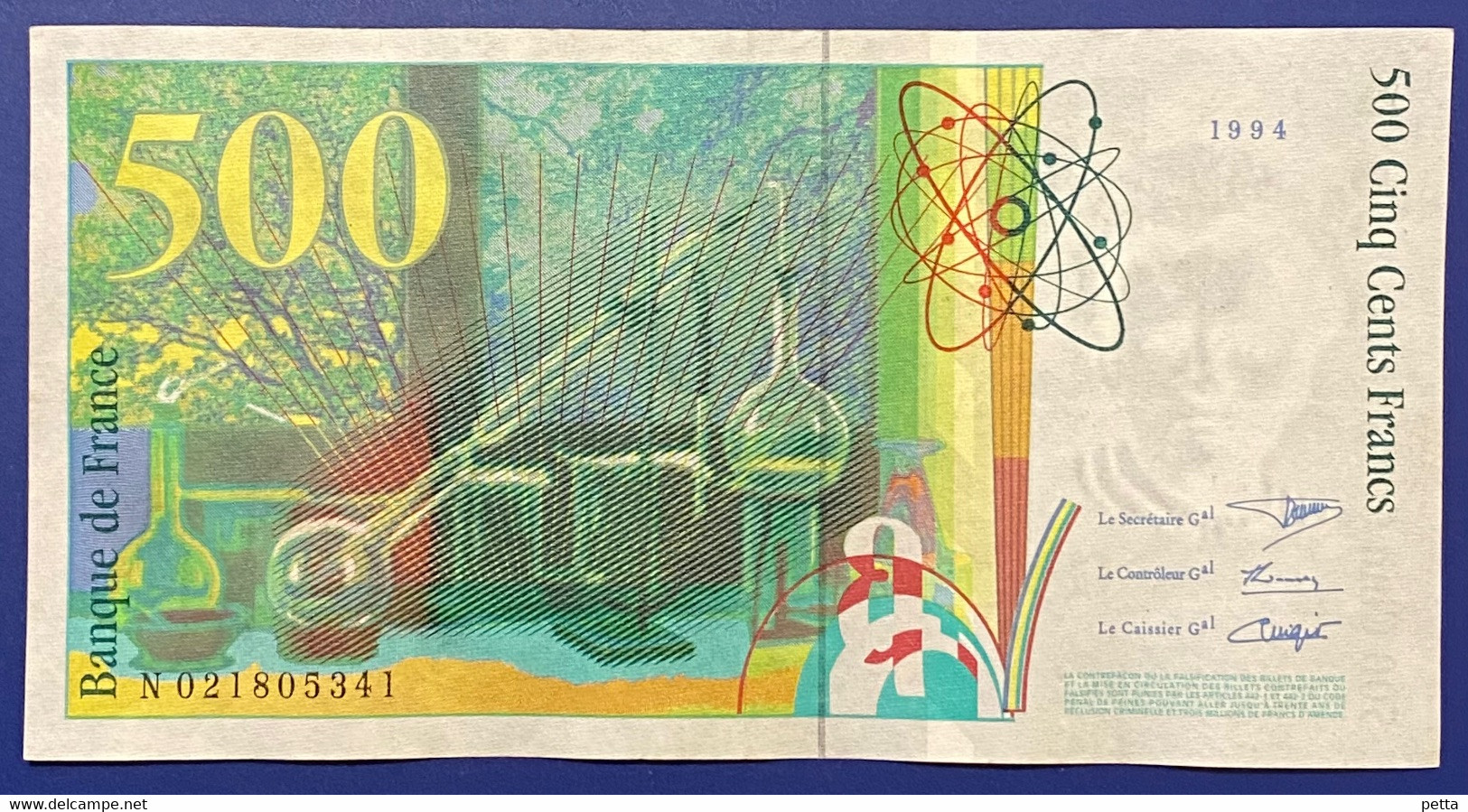 Billet De 500 Francs Pierre Et Marie Curie De 1994 / Alph N 021805341 / Vendu En L’état - 500 F 1994-2000 ''Pierre En Marie Curie''