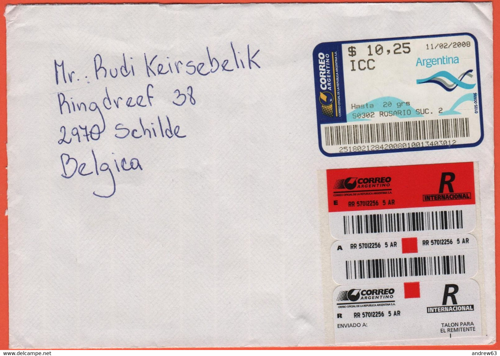 ARGENTINA - 2008 - $10,25 Postage Paid - Registered - Viaggiata Da Rosario Per Schilde, Belgium - Lettres & Documents