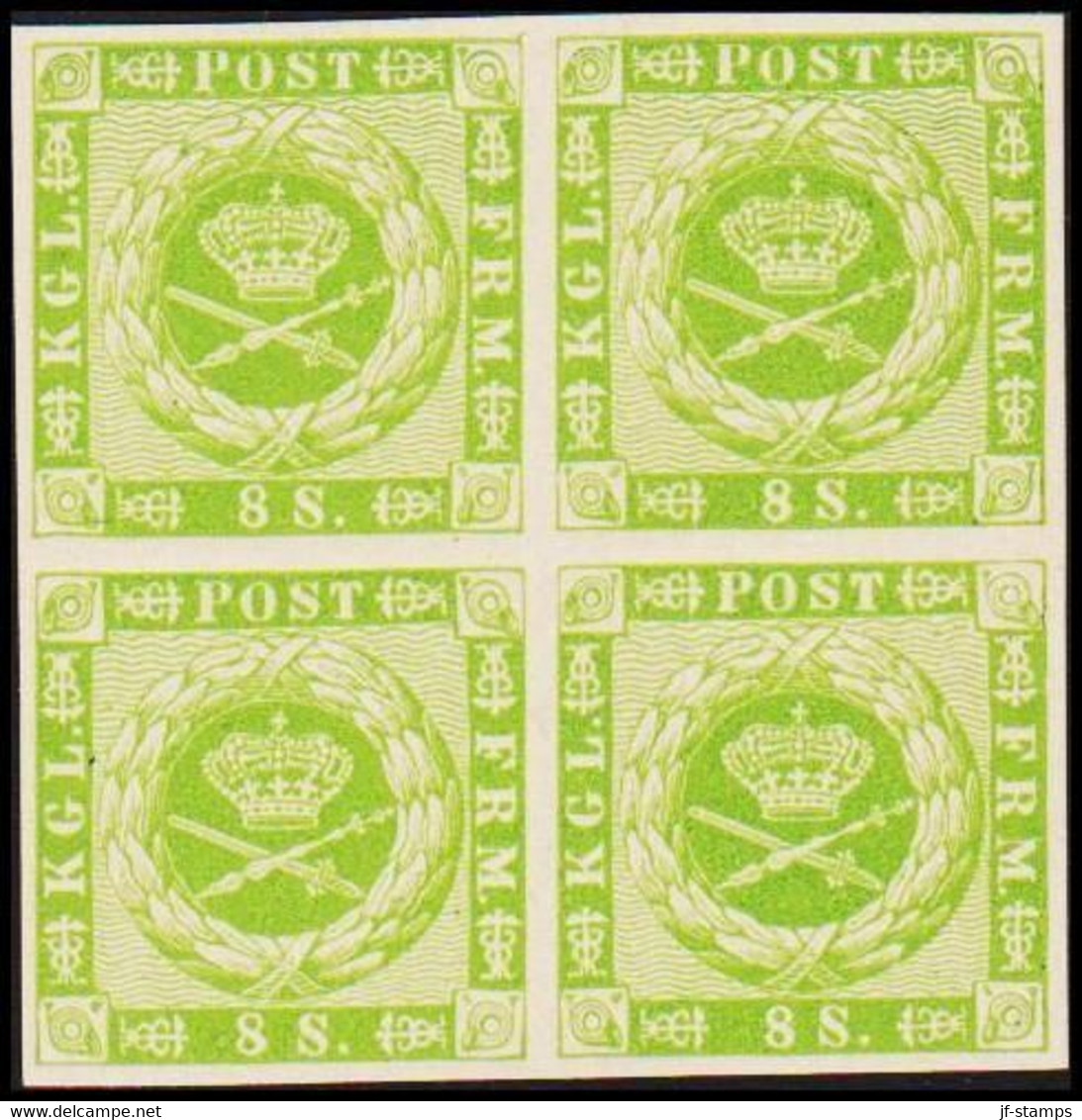 1886. Official Reprint. Wavy-lined Spandrels. 8 Sk. Green On White Paper. 4- Block.  (Michel 8 ND) - JF515644 - Ungebraucht