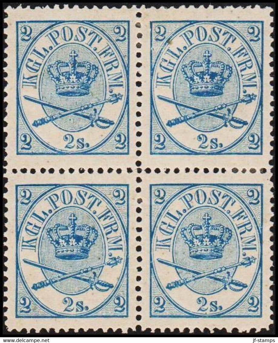 1865. Large Oval Type. 2 Skilling Blue. Perf. 13x12½. 4-block Perfectly Centered. Hinged. Unu... (Michel 11A) - JF515645 - Nuovi