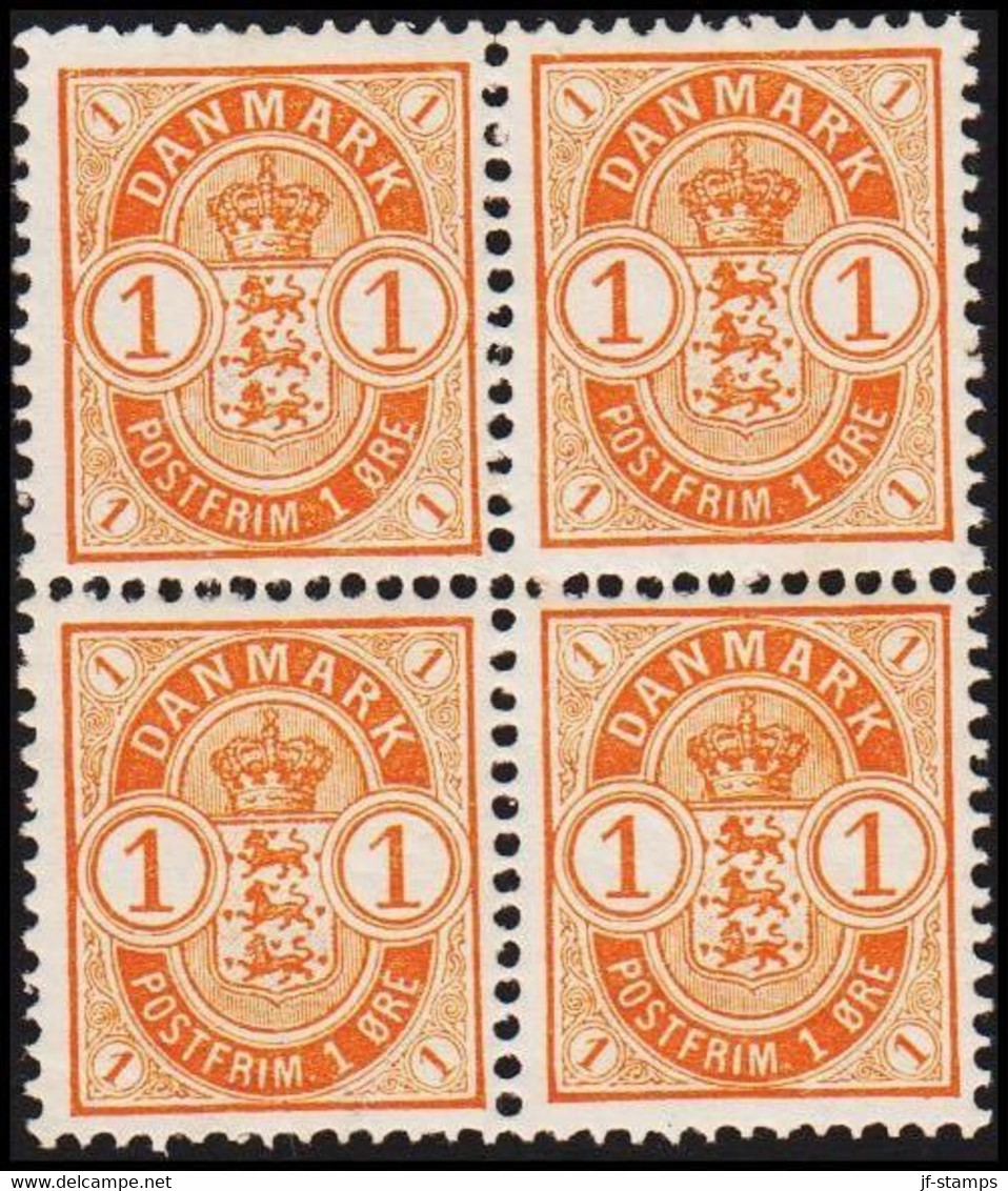 1902. DANMARK. Coat-of Arms. 1 Øre Orange 4-BLOCK Never Hinged. Beautifully Centering.  (Michel 37) - JF515649 - Ungebraucht