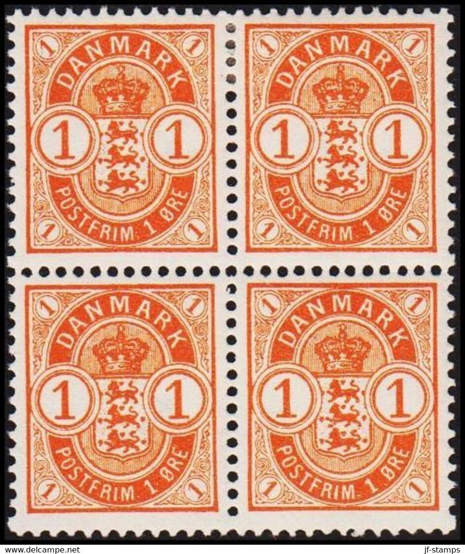 1902. DANMARK. Coat-of Arms. 1 Øre Orange 4-BLOCK With 2 Ex Never Hinged And 2 Stamps Hinged. ... (Michel 37) - JF515650 - Ongebruikt