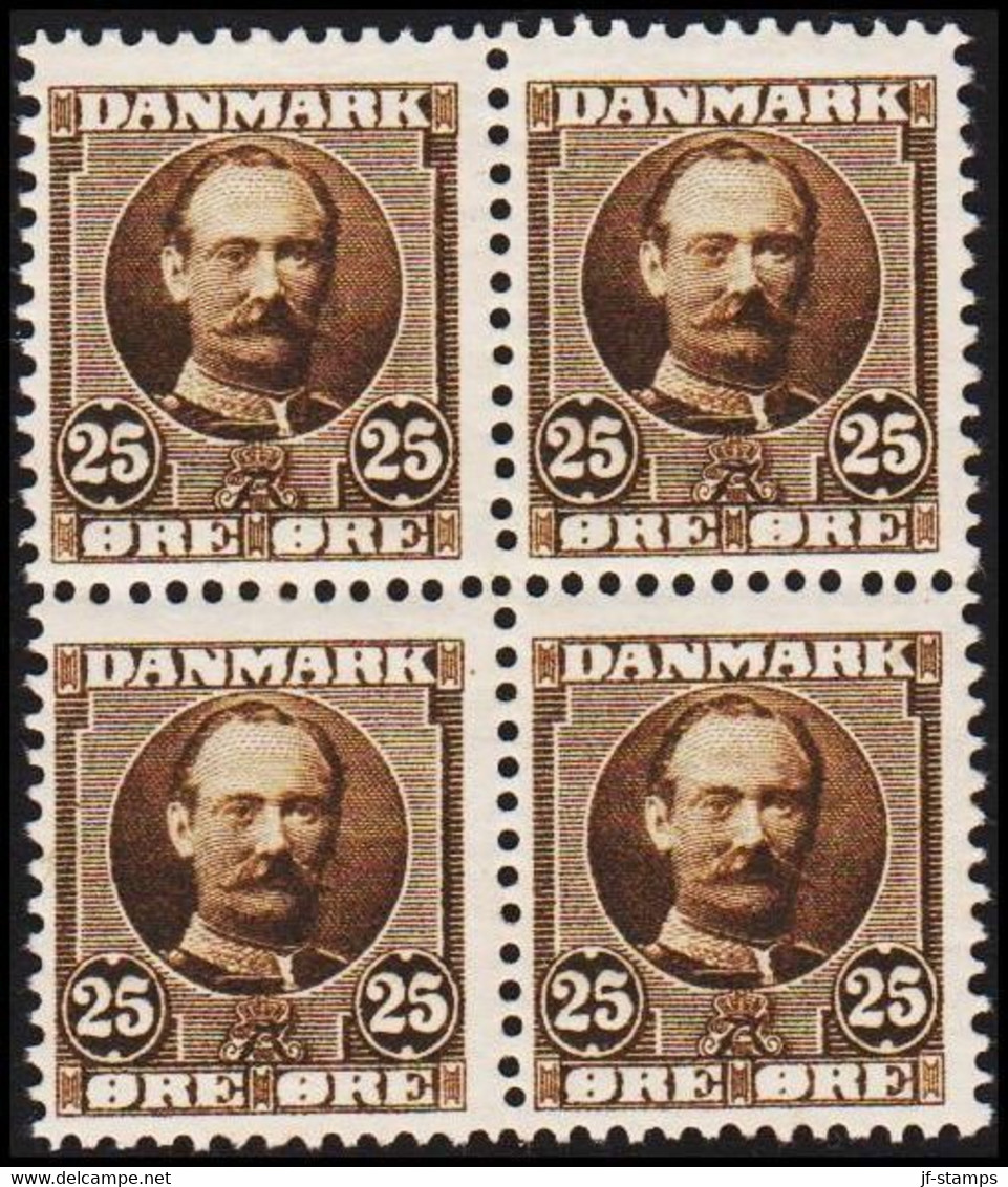 1907. King Frederik VIII. 25 Øre Grey-brown Luxus Centered 4-block Never Hinged.   (Michel 56) - JF515652 - Neufs