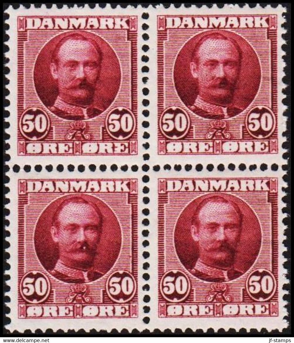 1907. King Frederik VIII. 50 Øre Red-lilac KJØBENHAVN 16.4.09. LUXUS. 4-block Never Hinged. Ra... (Michel 58) - JF515654 - Unused Stamps