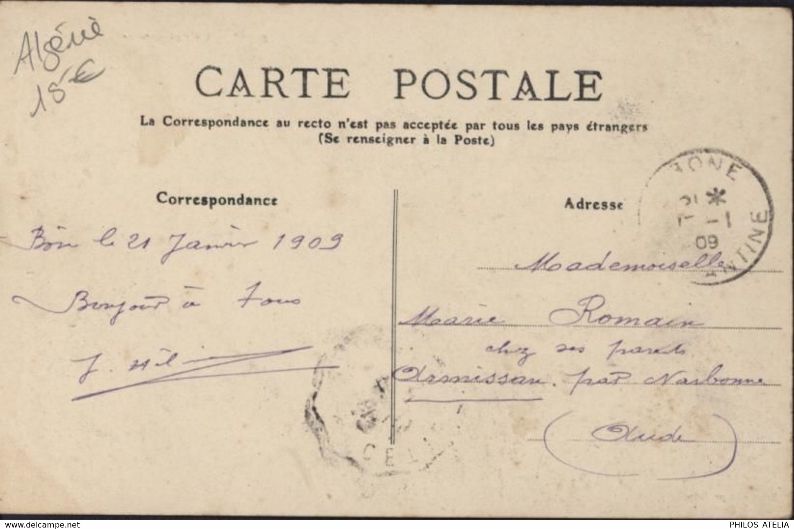 CPA CP Algérie Bone La Poissonnerie Brau éditeur Bône CAD Constantine 1909 YT 137 - Annaba (Bône)