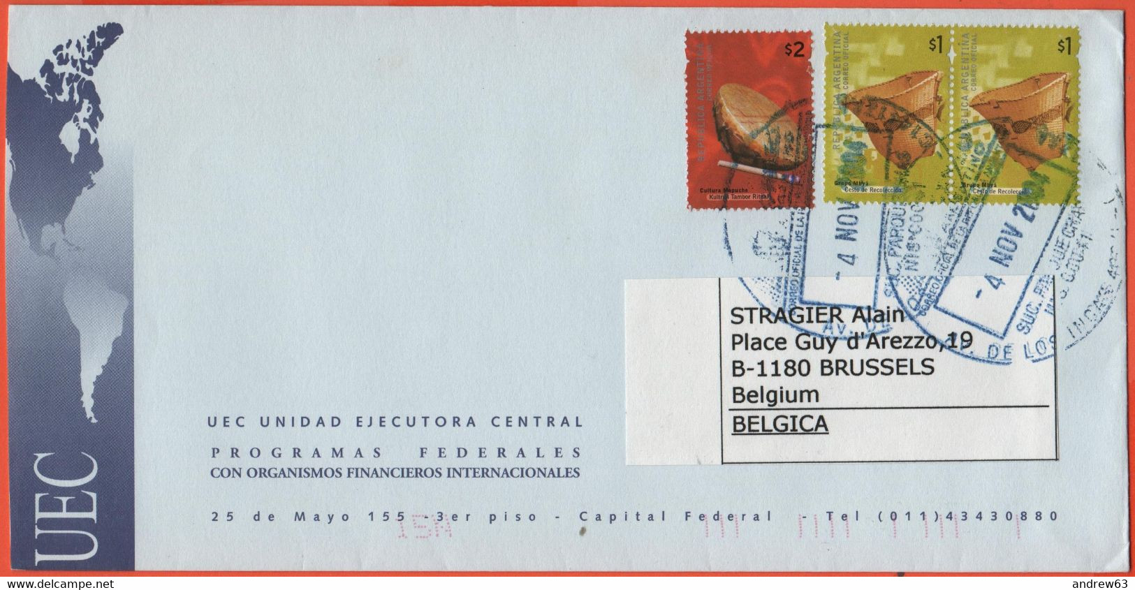 ARGENTINA - 2004 - 3 Stamps - UEC Unidad Ejecutora Central - Viaggiata Da Buenos Aires Per Schilde, Belgium - Briefe U. Dokumente