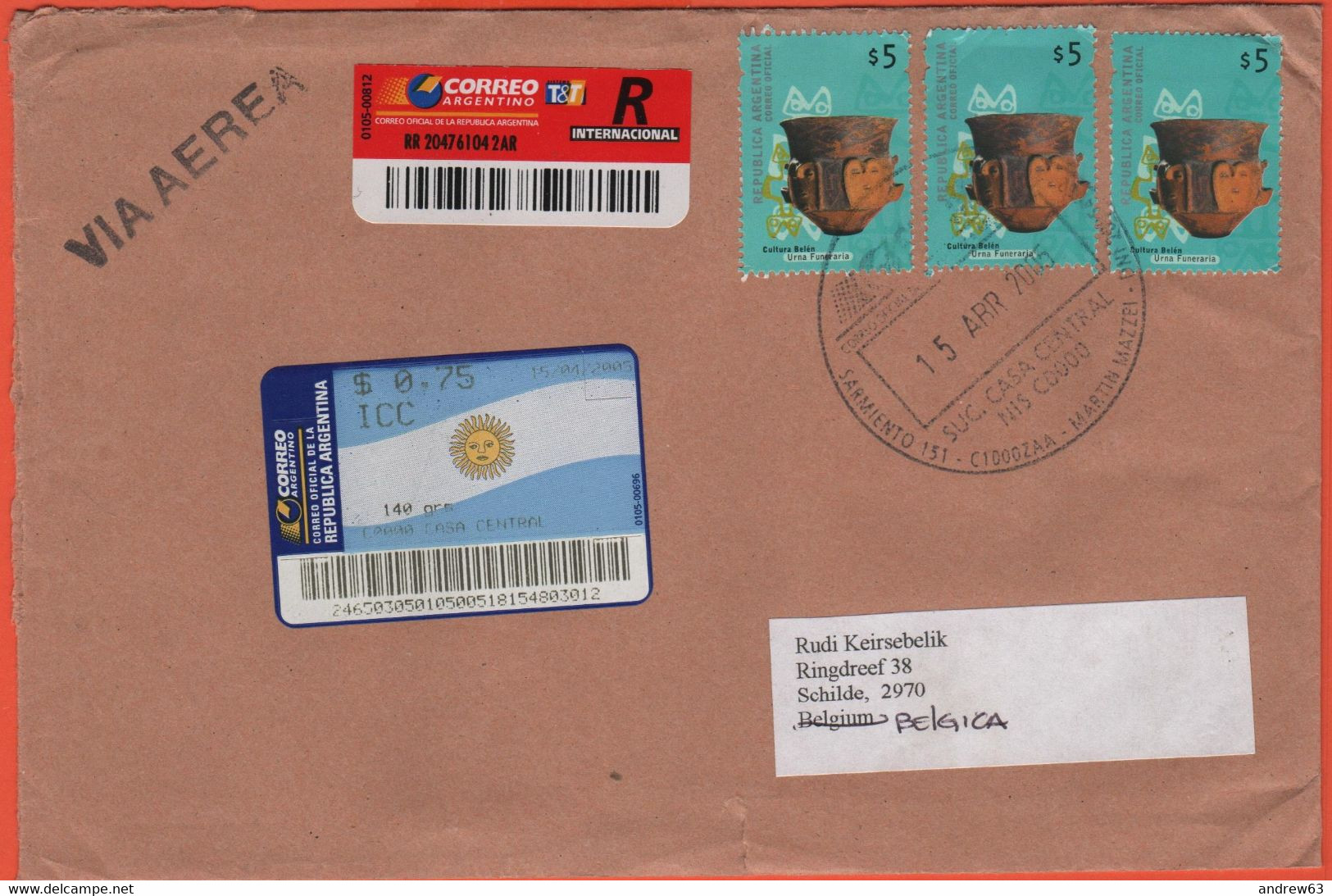 ARGENTINA - 2005 - $0,75 Postage Paid + 3 Stamps - Registered - Viaggiata Da Buenos Aires Per Schilde, Belgium - Covers & Documents