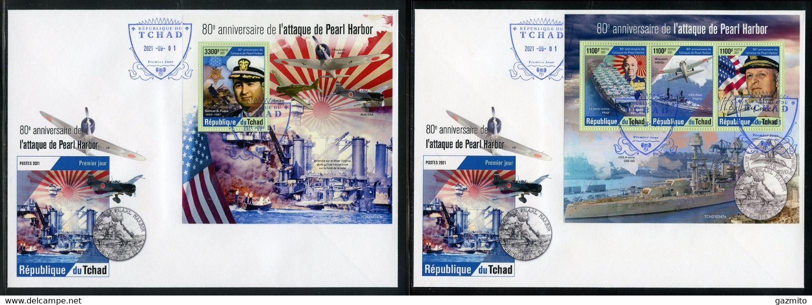 Tchad 2021, WWII, Pearl Harbor, Ship, Planes, Flag, 3val In BF +BF In 2FDC - Guerre Mondiale (Seconde)