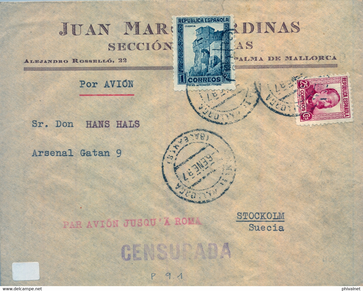 1937 , BALEARES , PALMA DE MALLORCA - ESTOCOLMO , CORREO AÉREO VIA ALA LITTORIA , CENSURA Y MARCA DE ENCAMINAMIENTO - Covers & Documents