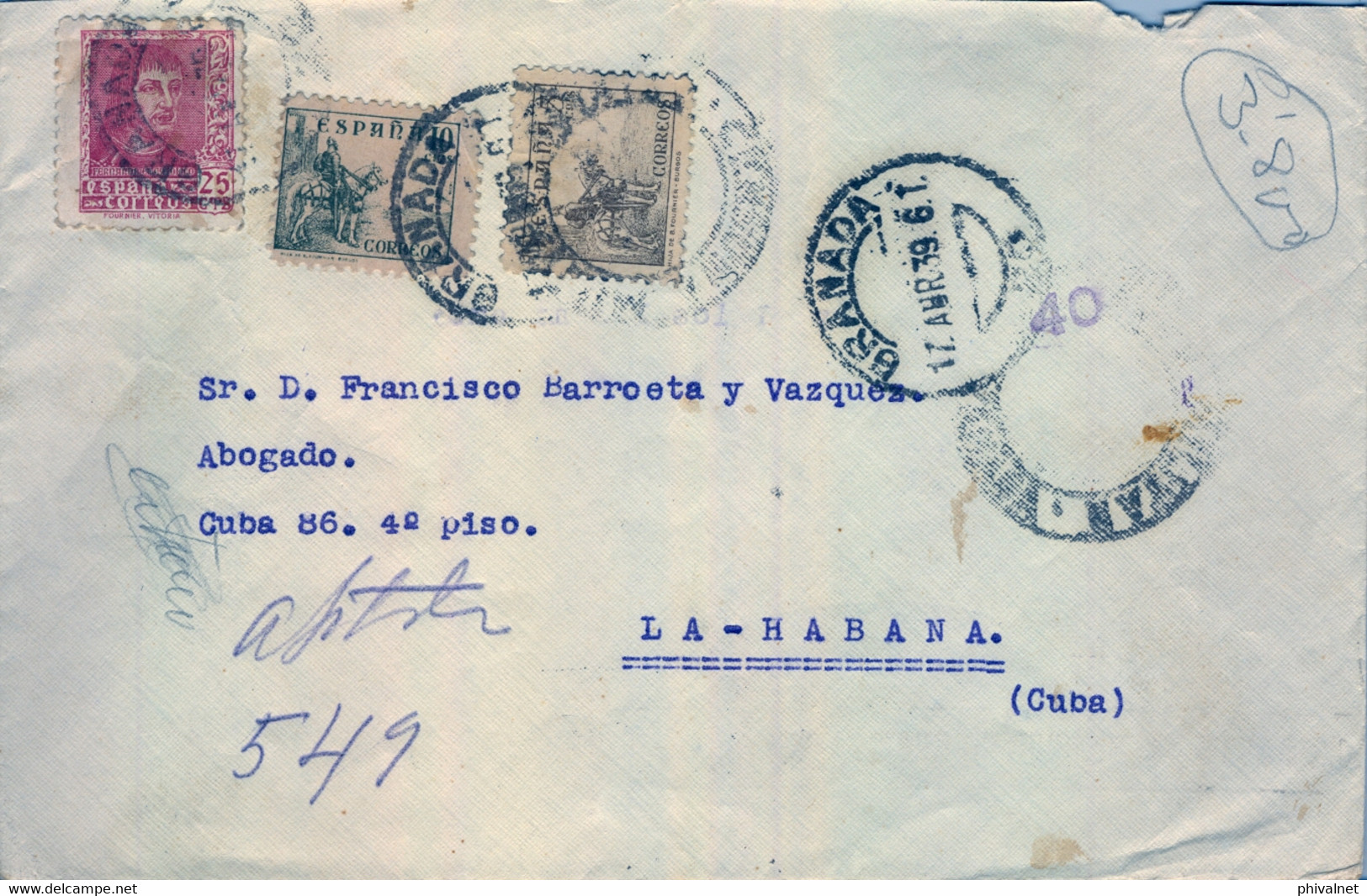 1939 , GRANADA - LA HABANA ( CUBA ) , SOBRE CIRCULADO , LLEGADA - Briefe U. Dokumente