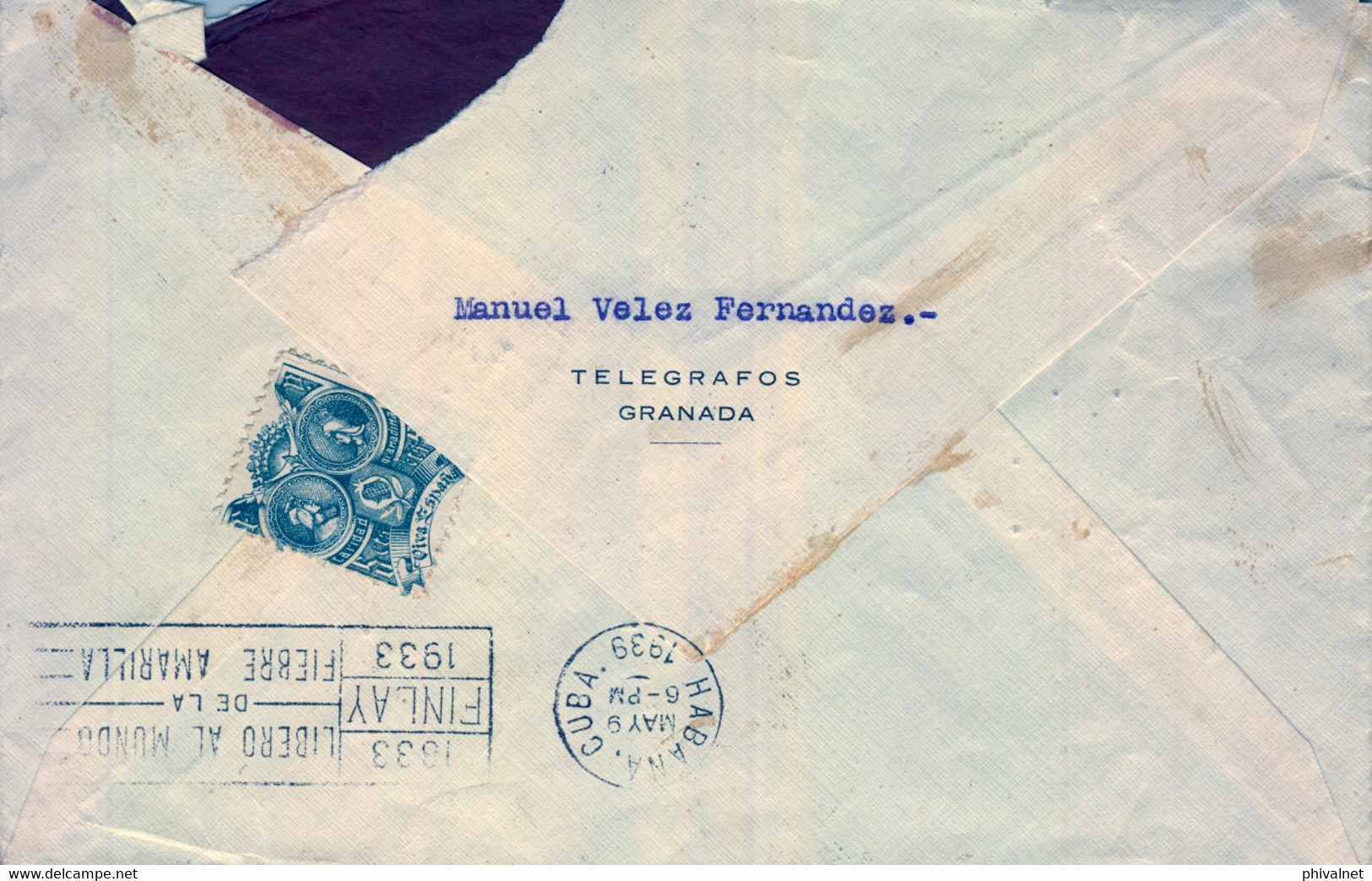 1939 , GRANADA - LA HABANA ( CUBA ) , SOBRE CIRCULADO , LLEGADA - Lettres & Documents