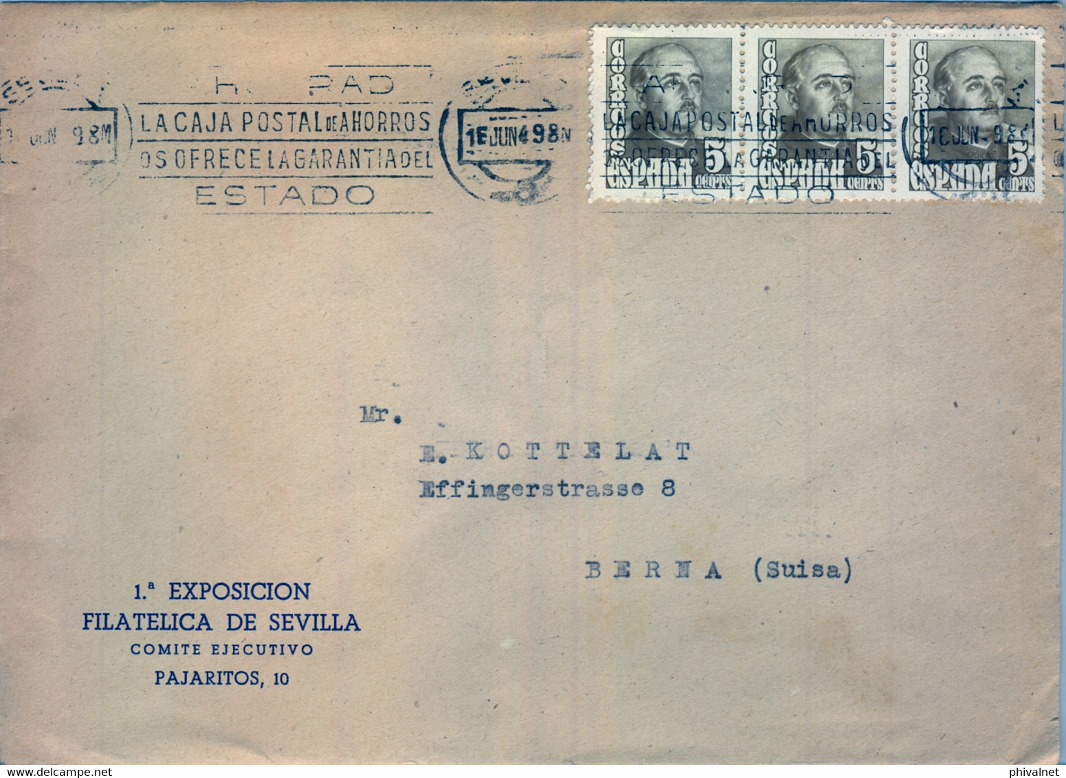 1949 , SEVILLA - BERNA , SOBRE CIRCULADO CON MEMBRETE DEL COMITÉ EJECUTIVO DE LA 1ª EXPO FILATÉLICA DE SEVILLA - Lettres & Documents