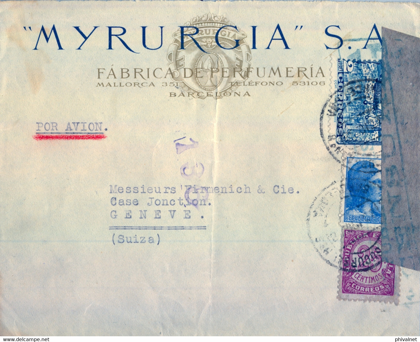 1938 , BARCELONA , SOBRE CIRCULADO POR VIA AÉREA A GINEBRA , BANDA Y MARCA DE CENSURA , PERFUMERIA " MYRURGIA " - Lettres & Documents