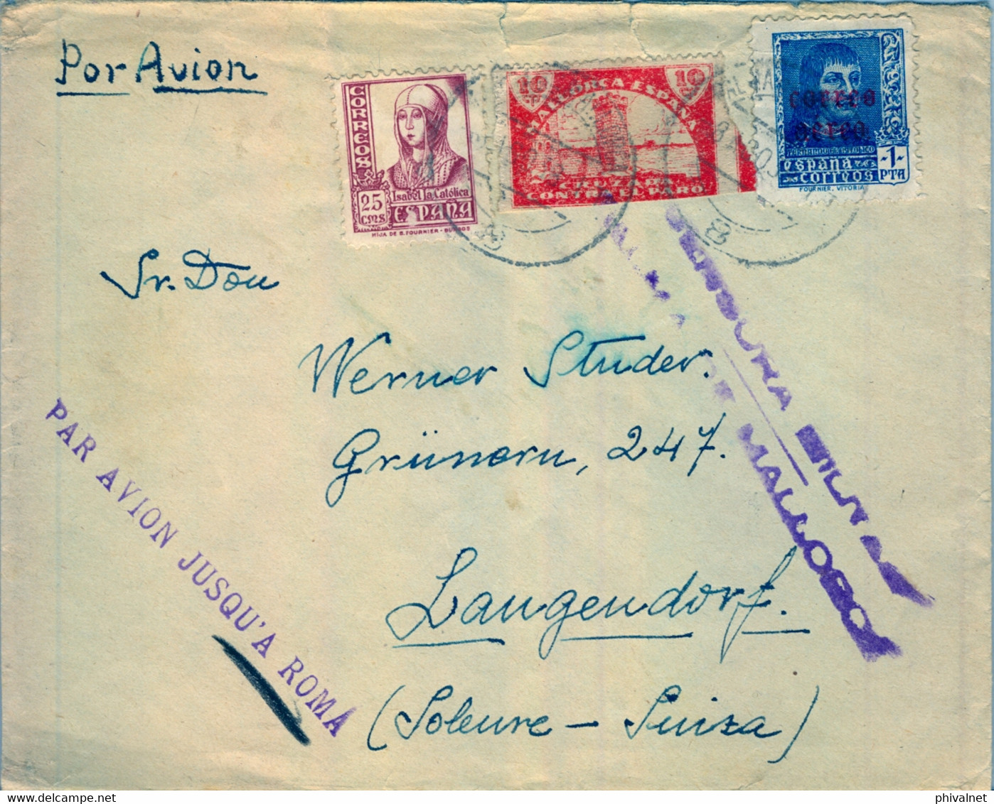1937 , BALEARES , PALMA DE MALLORCA - LANGENDORF , CENSURA MILITAR , CORREO AÉREO , MARCA DE ENCAMINAMIENTO  , LOCAL - Storia Postale