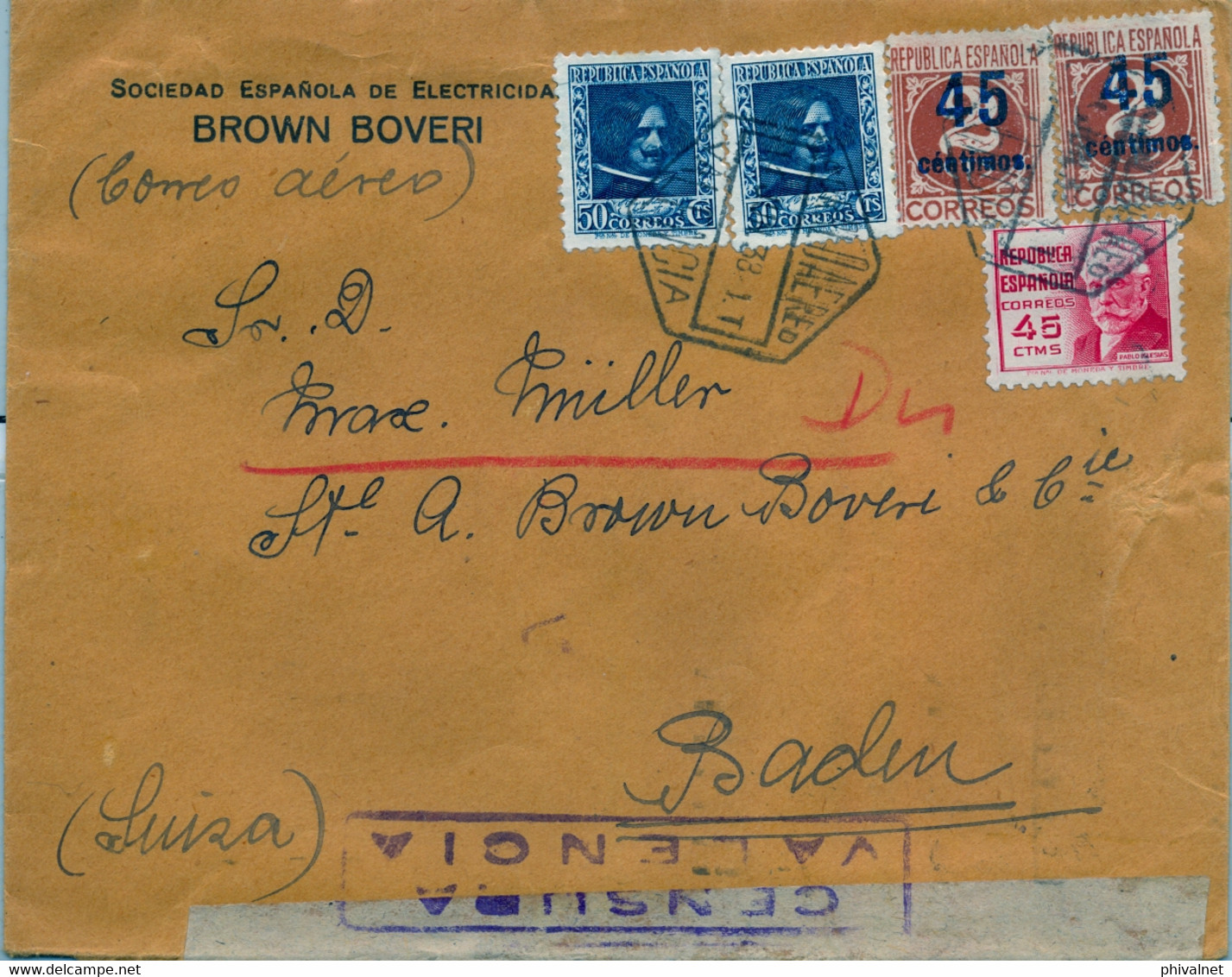 1938 VALENCIA - BADEN , CORREO AÉREO , CENSURA , TRÁNSITO FRANCÉS " PARIS - AVIATION - Sce. ETRANGER " - Lettres & Documents