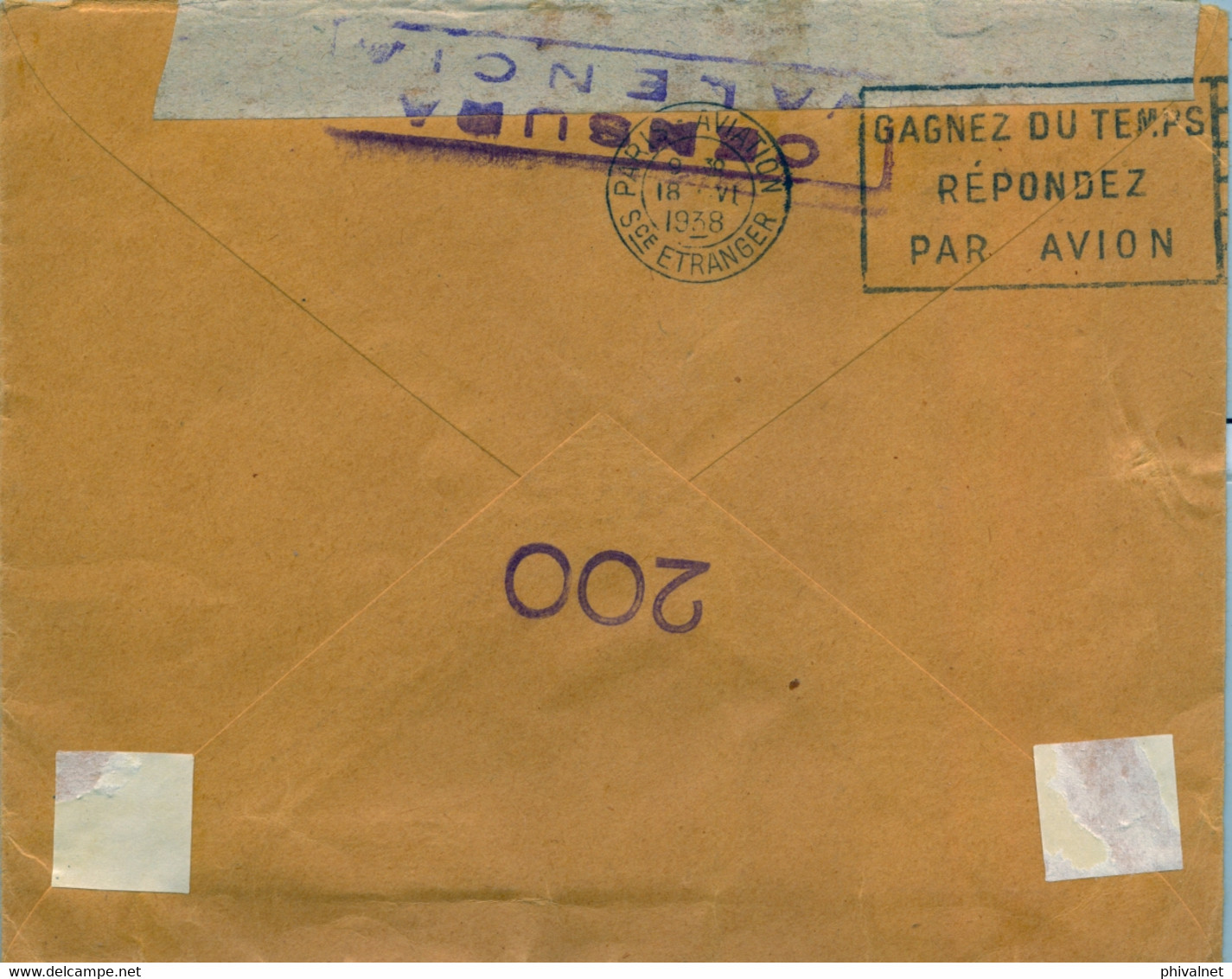 1938 VALENCIA - BADEN , CORREO AÉREO , CENSURA , TRÁNSITO FRANCÉS " PARIS - AVIATION - Sce. ETRANGER " - Briefe U. Dokumente