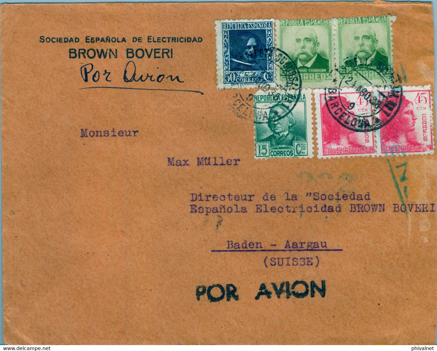 1938 BARCELONA - BADEN , CORREO AÉREO , CENSURA - Storia Postale