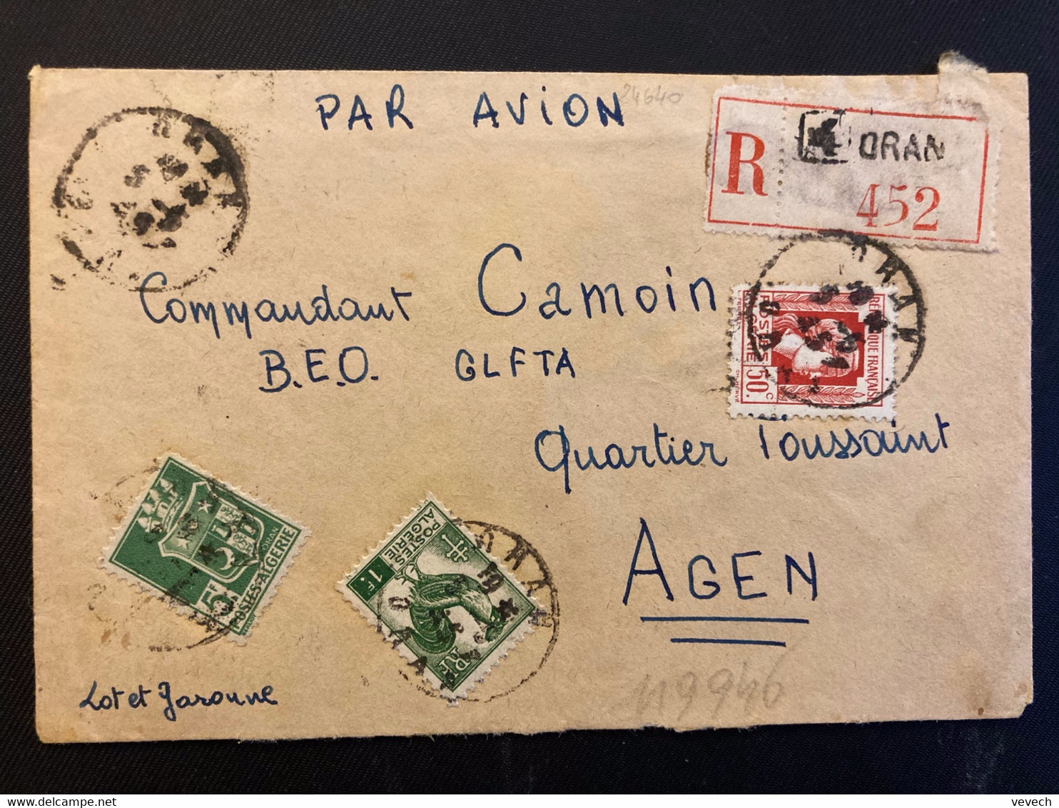LR Par AVION TP BLASON 5F + COQ D'ALGER 1F + MARIANNE D'ALGER 50c OBL.5-5 45 ORAN Pour Commandant CAMOIN B.E.O. AGEN - 1944 Marianne Van Algerije