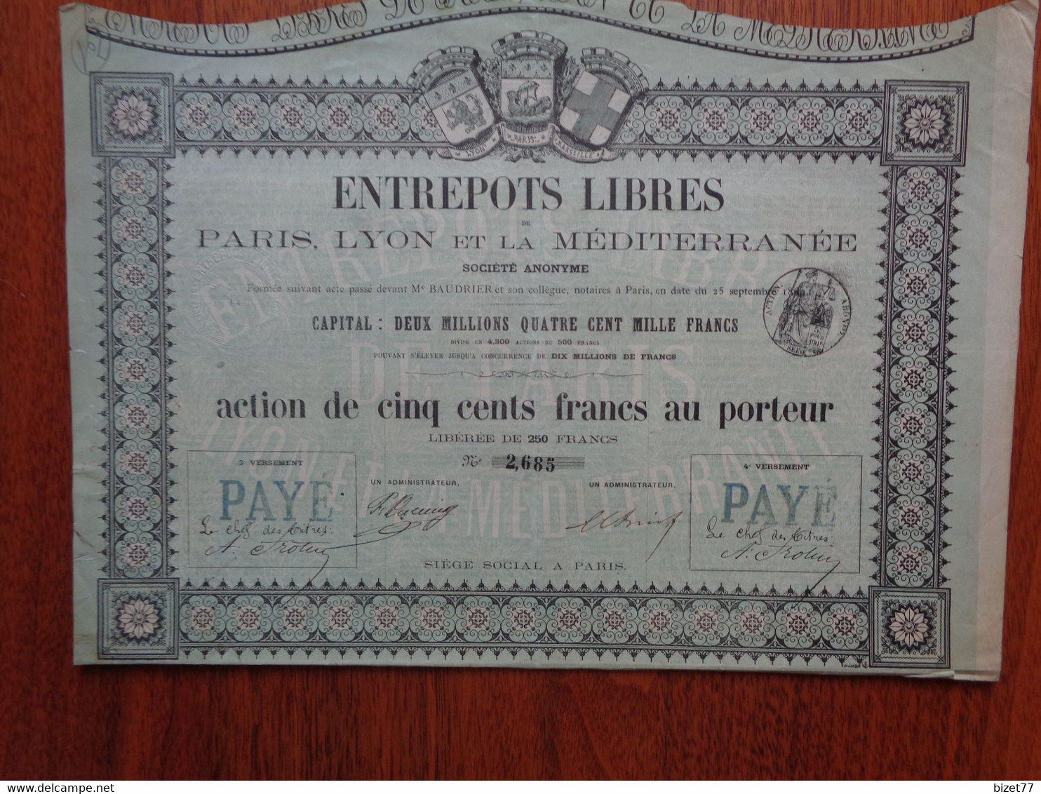 FRANCE - ENTREPOTS LIBRES, PARIS, LYON & LA MEDITERRANEE - ACTION 100 FRS - PARIS 1869 - PEU COURANT - Other & Unclassified
