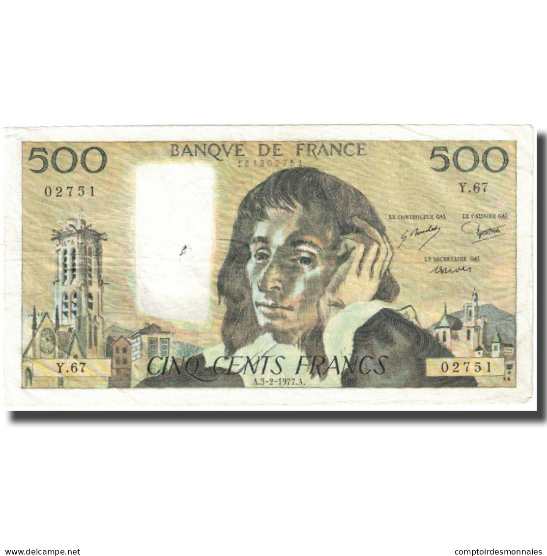 France, 500 Francs, Pascal, 1977, 1977-02-03, TTB, Fayette:71.16, KM:156d - 500 F 1968-1993 ''Pascal''