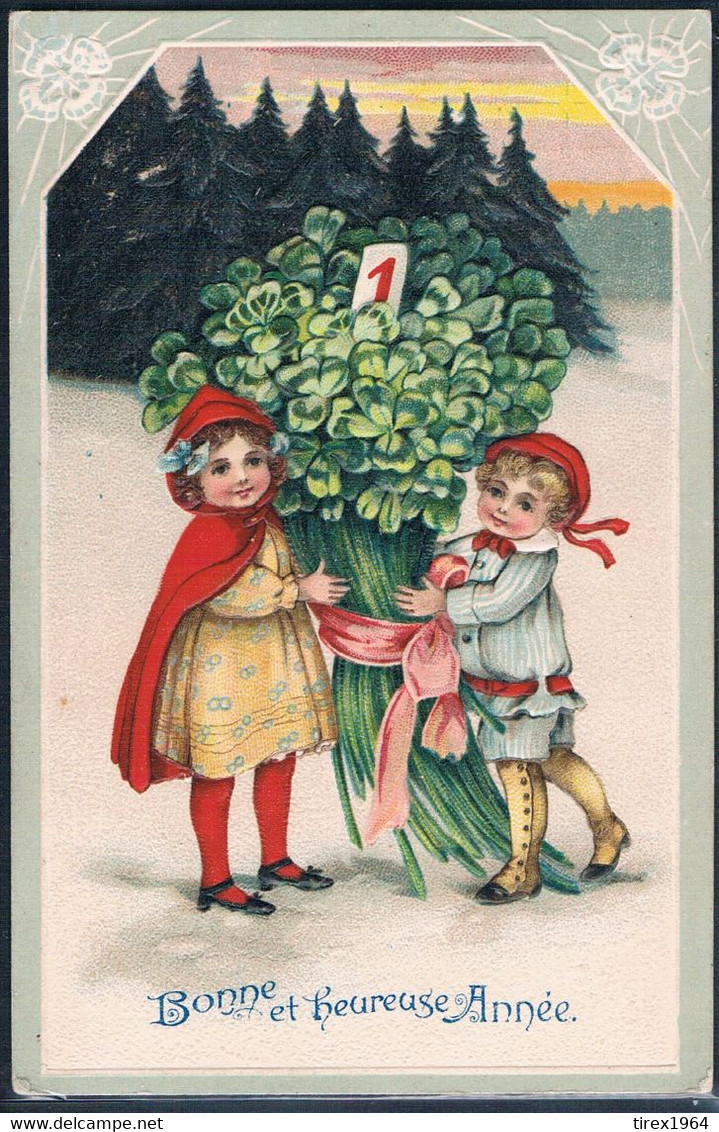 V065 New Year COUPLE Of CHILDREN HUGE BUCH Of FOUR LEAVE CLOVER SNOW Embossed - Otros & Sin Clasificación