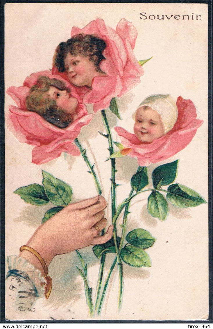 V077 CLAPSADDLE BRUNDAGE ? MULTIPLES CUPIDS ANGELS's HEAD In ROSES HAND Embossed - Otros & Sin Clasificación