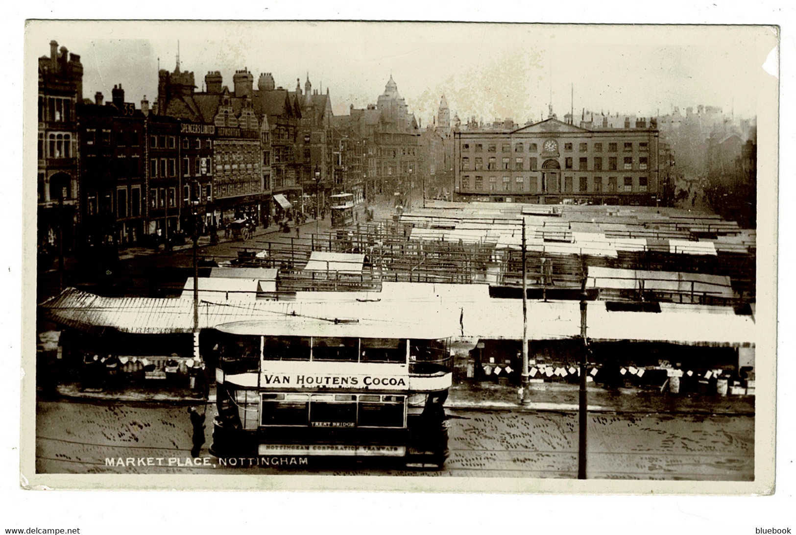 Ref 1515 - 1907 Real Photo Postcard Nottingham Market - Tram Van Houten's Cocoa Advert - Nottingham