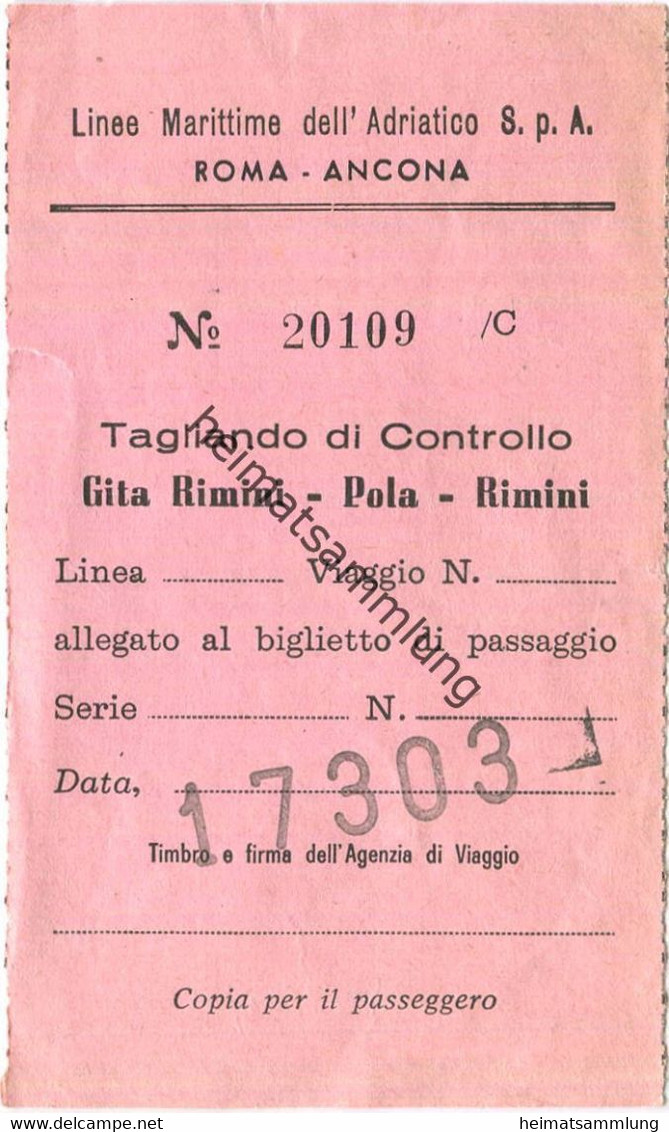 Italien - Linee Marittime Dell' Adriatico S.p.A. - Roma Ancona - Gita Rimini - Pola - Rimini - Fahrschein - Europa