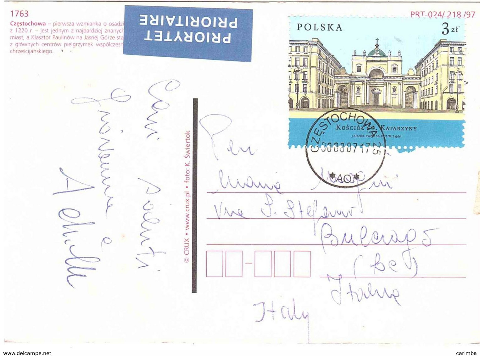 2007 CARTOLINA CZESTOCHOWA PER ITALIA - Lettres & Documents