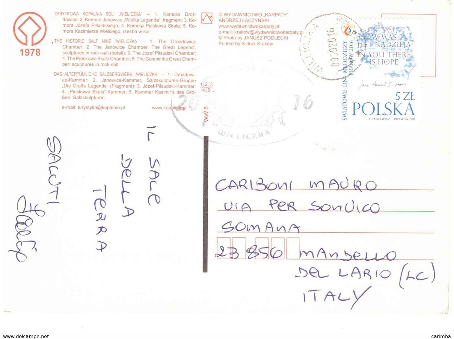 2016 CARTOLINA WIELICZKA PER ITALIA - Lettres & Documents