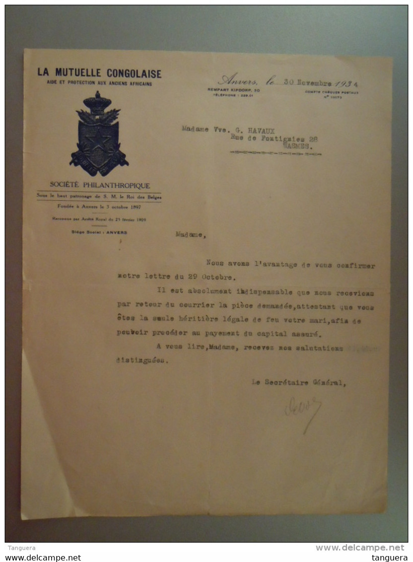 1934 La Mutuelle Congolaise Aide Et Protection Aux Anciens Africains Anvers Lettre à  Wasmes - Bank & Insurance