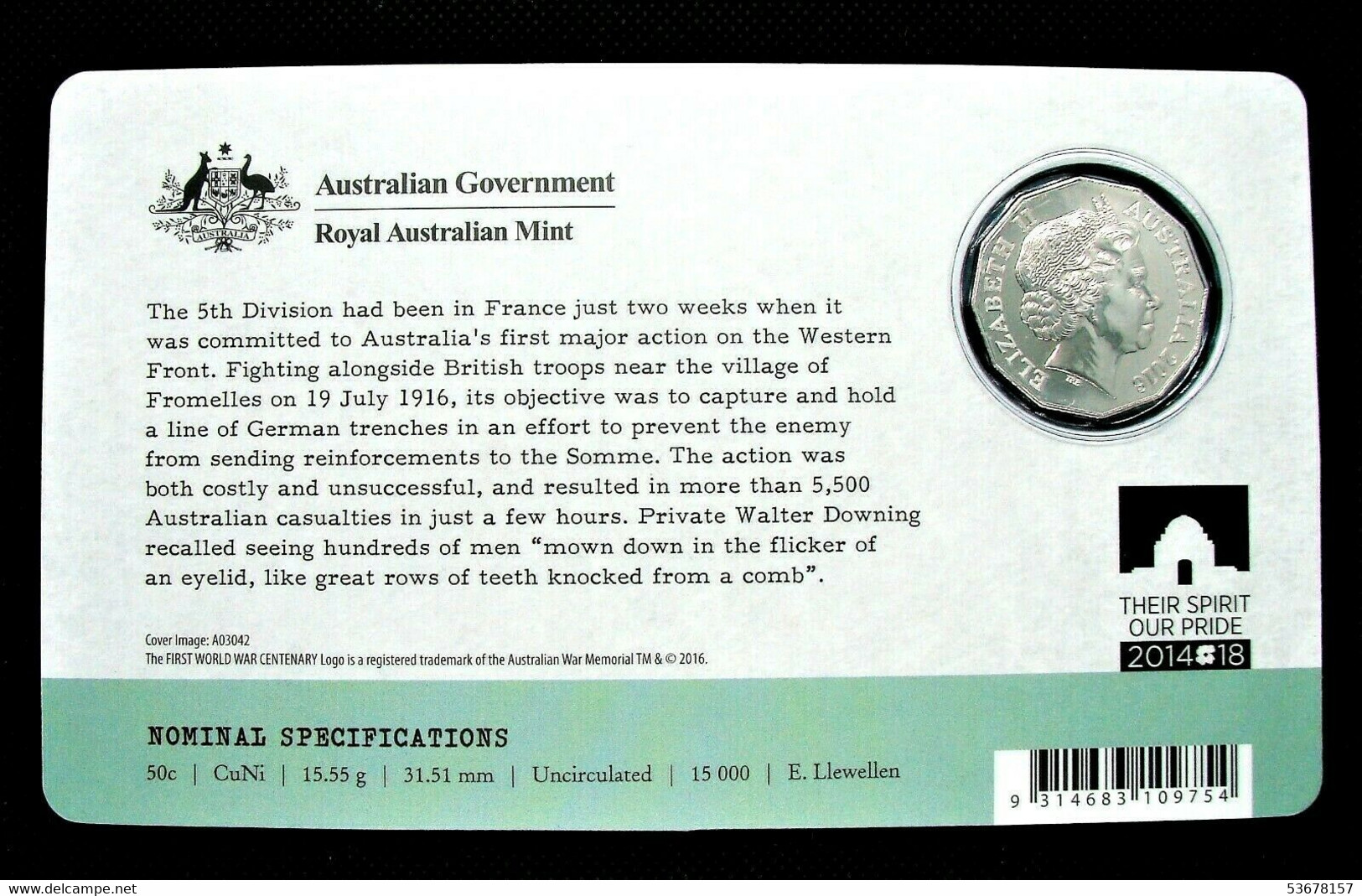 Australia 50 Cents, 2016 The Western Front - The Battle Of Fromelles, Unc Card - Verzamelingen