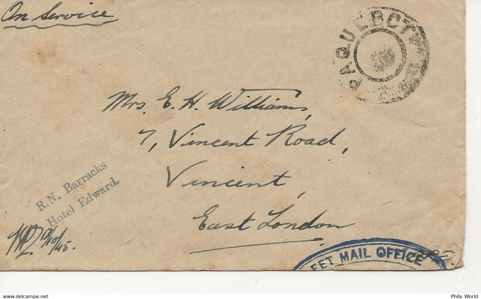 WW2 ROYAL NAVY OCT 1945 DURBAN South Africa TO EAST LONDON Great Britain PAQUEBOT STRIKE MAIL OFFICE - Schiffe