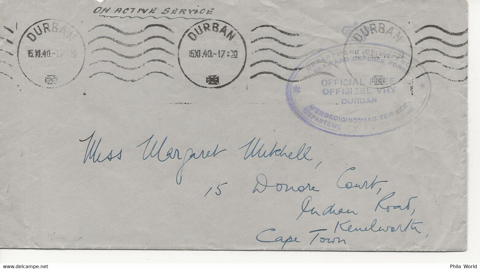 WW2 ON ACTIVE SERVICE NOV 1940 OFFICIAL FREE CACHET On COVER From DURBAN To CAPE TOWN South Africa - Bateaux