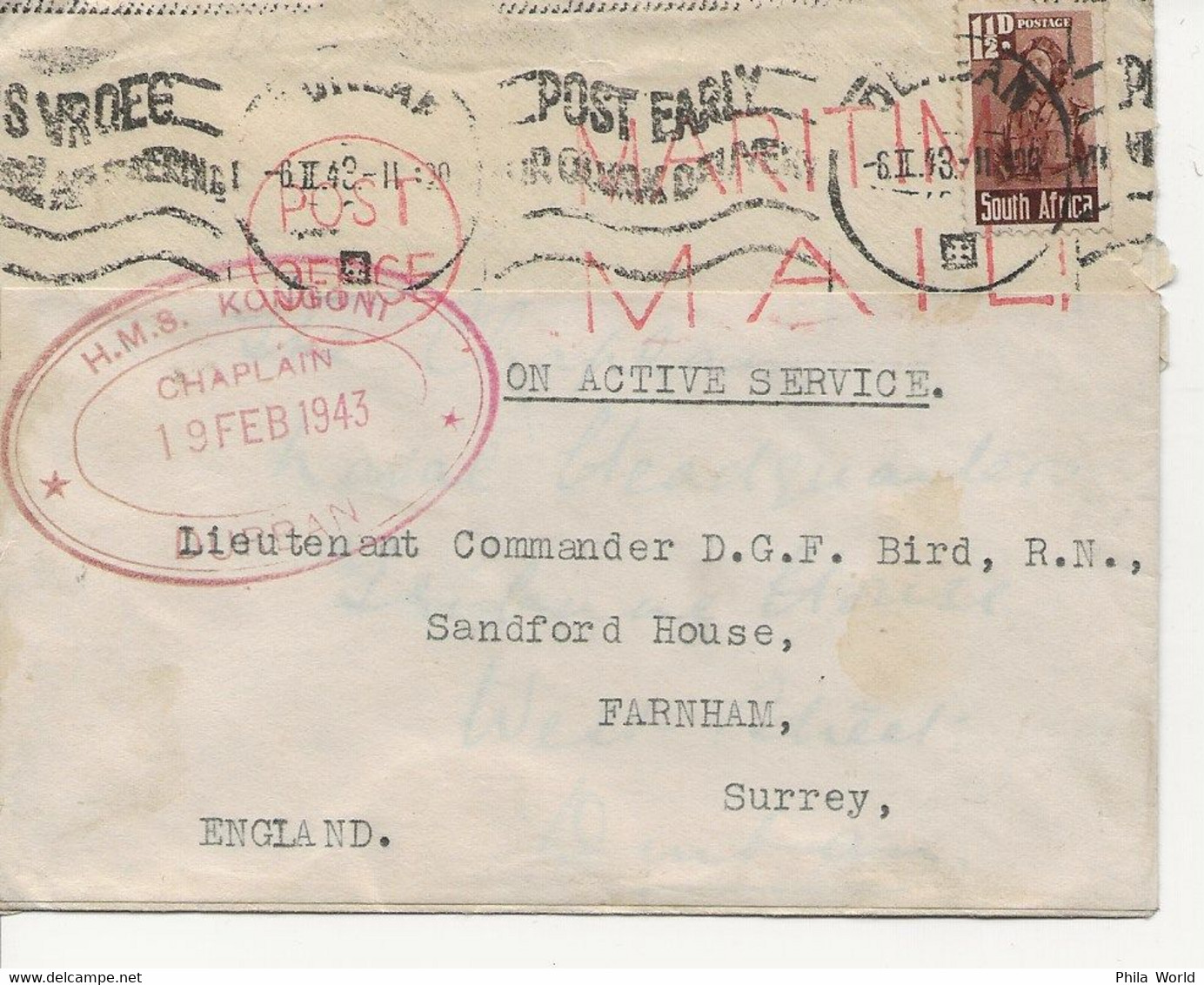 WW2 MARITIME MAIL 1943 LOCAL LETTER  POSTMARKED To The CHAPLAIN NAVAL HEAD QUARTERS DURBAN READDRESSED To ENGLAND - Bateaux