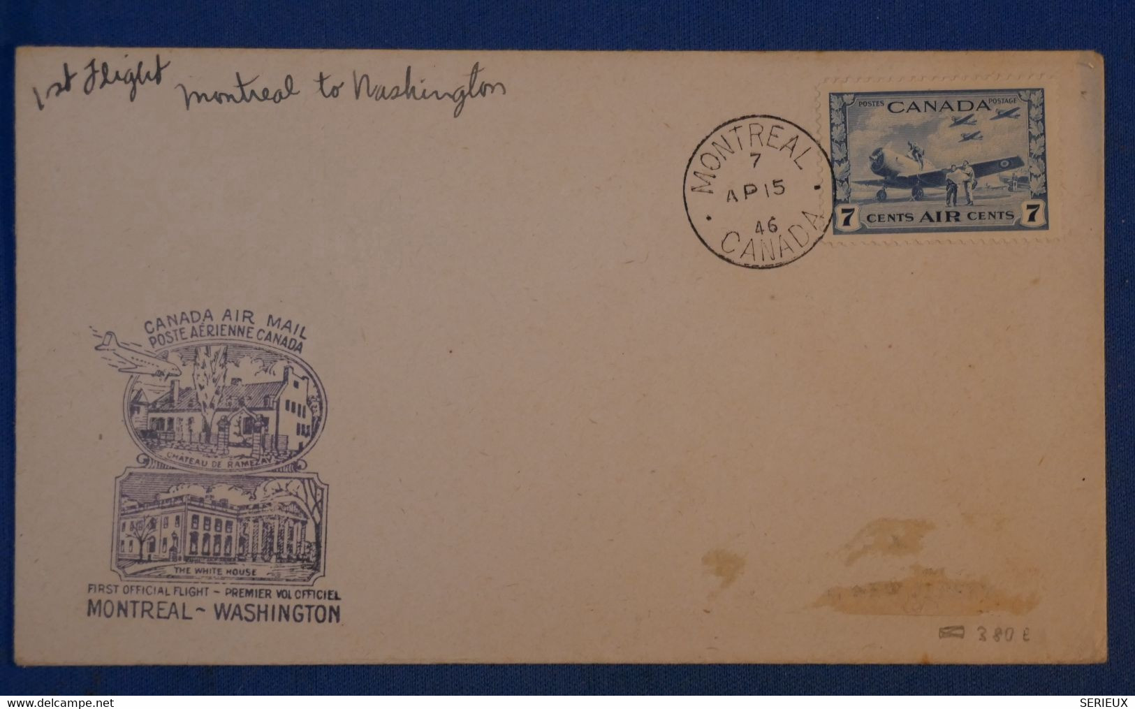 G1 CANADA BELLE LETTRE 1946 PREMIER VOL MONTREAL FIRST FLIGHT TO WASHINGTON+AFFRANCHISSEMENT PLAISANT - Luftpost