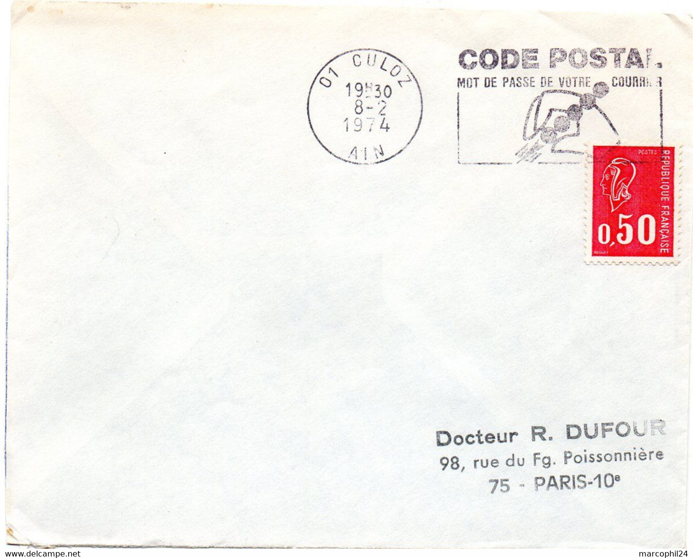 AIN - Dépt N° 01 = CULOZ 1974 = FLAMME à DROITE = SECAP Illustrée   'CODE POSTAL / MOT DE PASSE ' - Código Postal